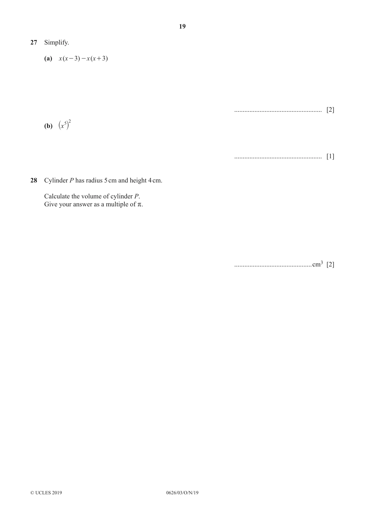 Cambridge IGCSE Mathematics (9-1) (UK only) 0626 2019 Oct/Nov Paper 3 · Variant 1 question paper, page 19 of 20