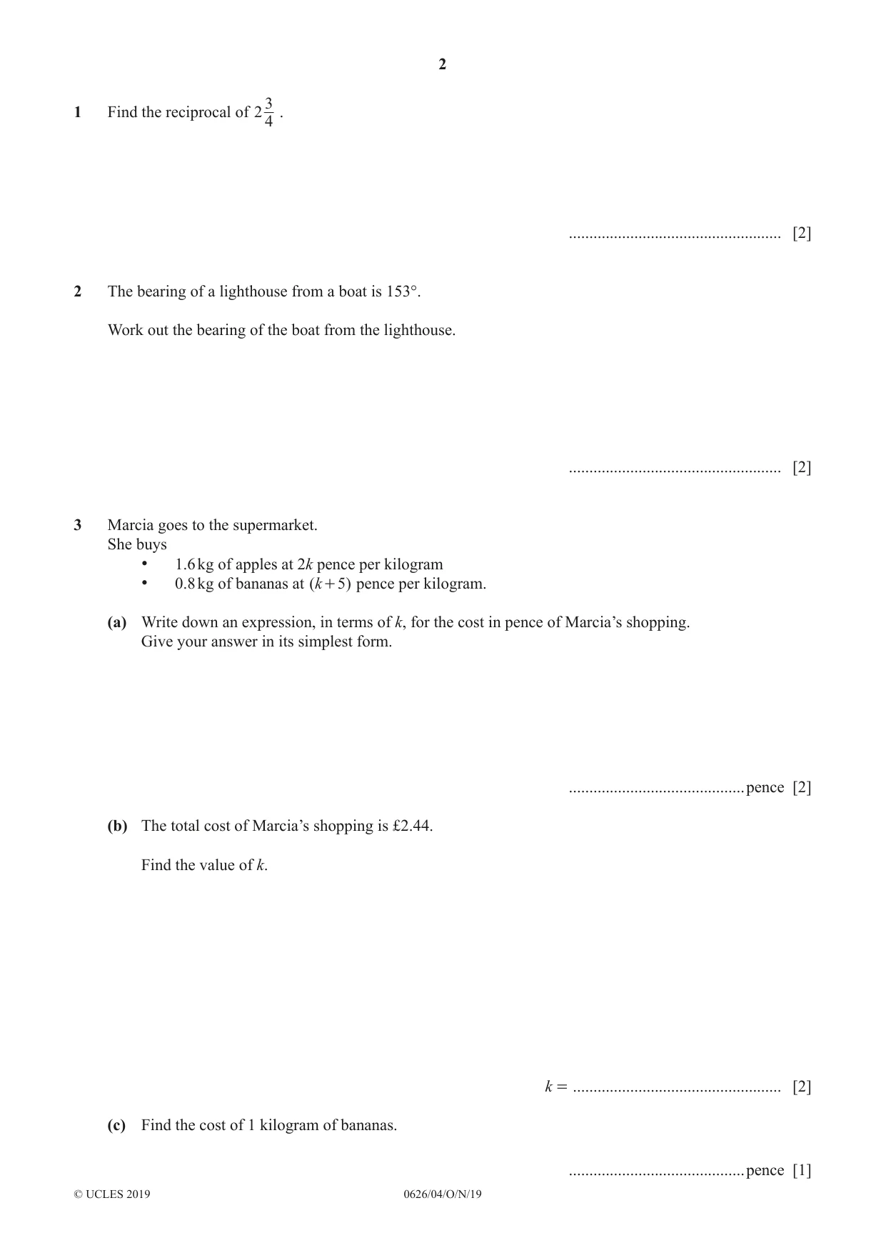 Cambridge IGCSE Mathematics (9-1) (UK only) 0626 2019 Oct/Nov Paper 4 · Variant 1 question paper, page 2 of 16