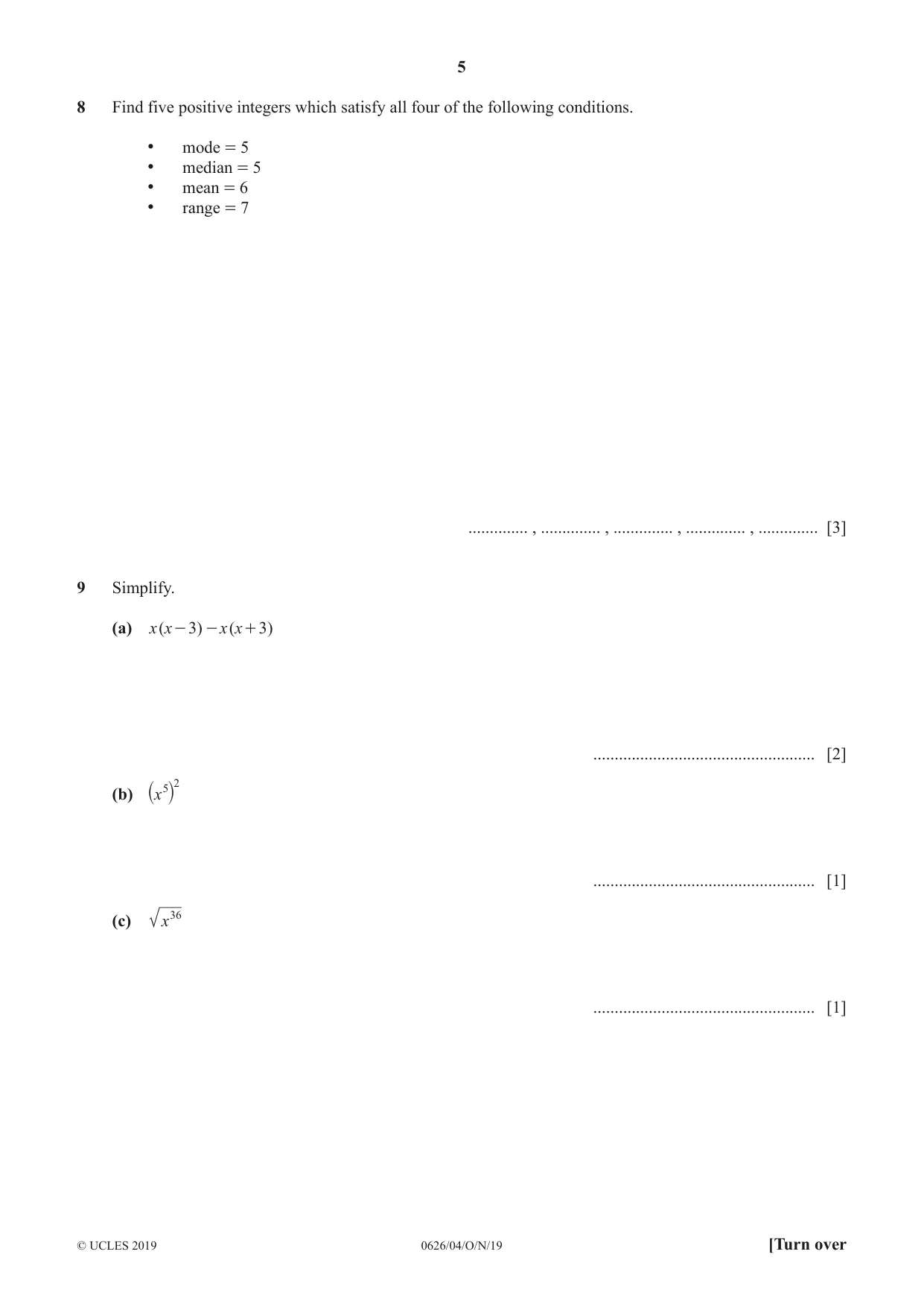 Cambridge IGCSE Mathematics (9-1) (UK only) 0626 2019 Oct/Nov Paper 4 · Variant 1 question paper, page 5 of 16
