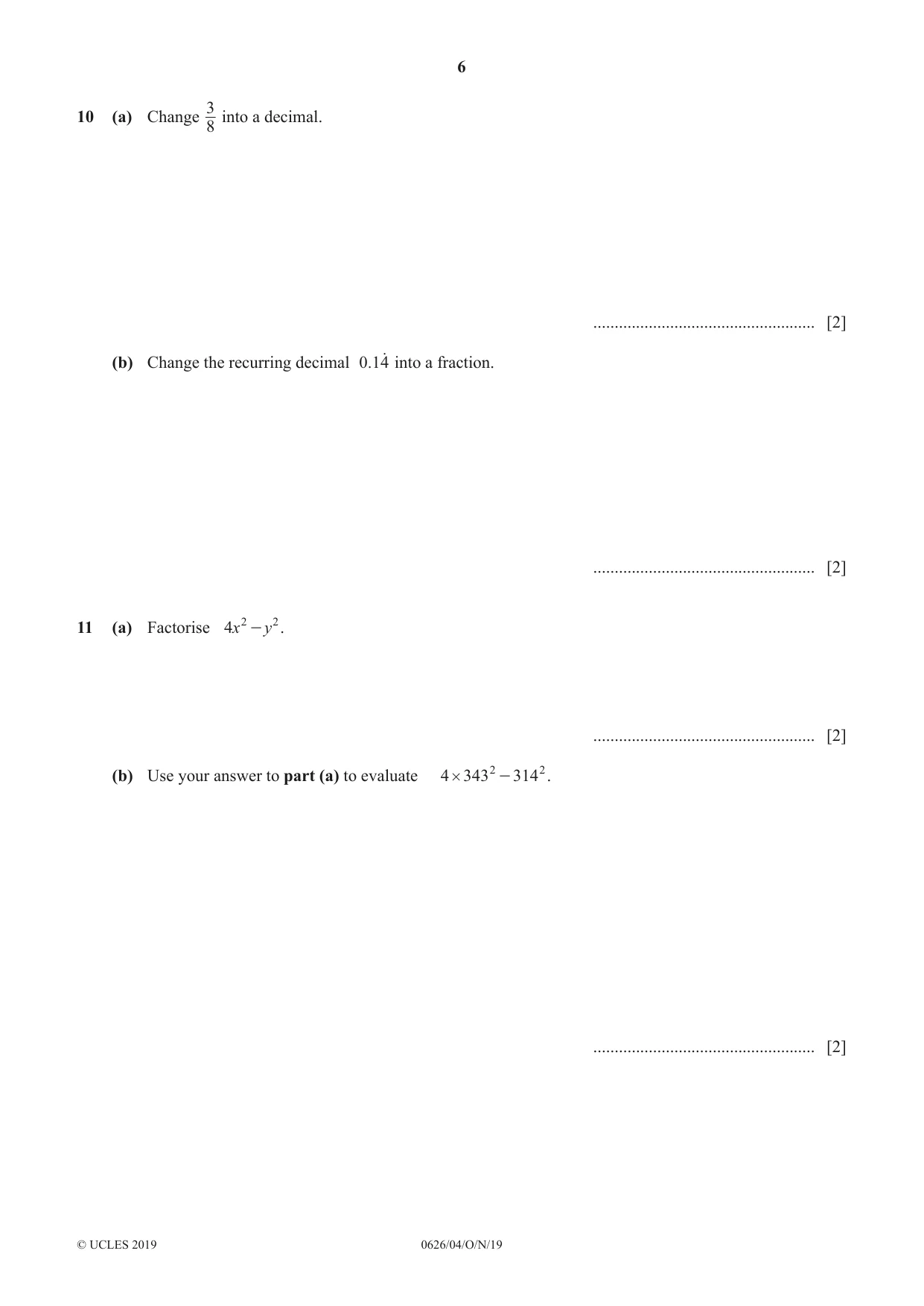 Cambridge IGCSE Mathematics (9-1) (UK only) 0626 2019 Oct/Nov Paper 4 · Variant 1 question paper, page 6 of 16