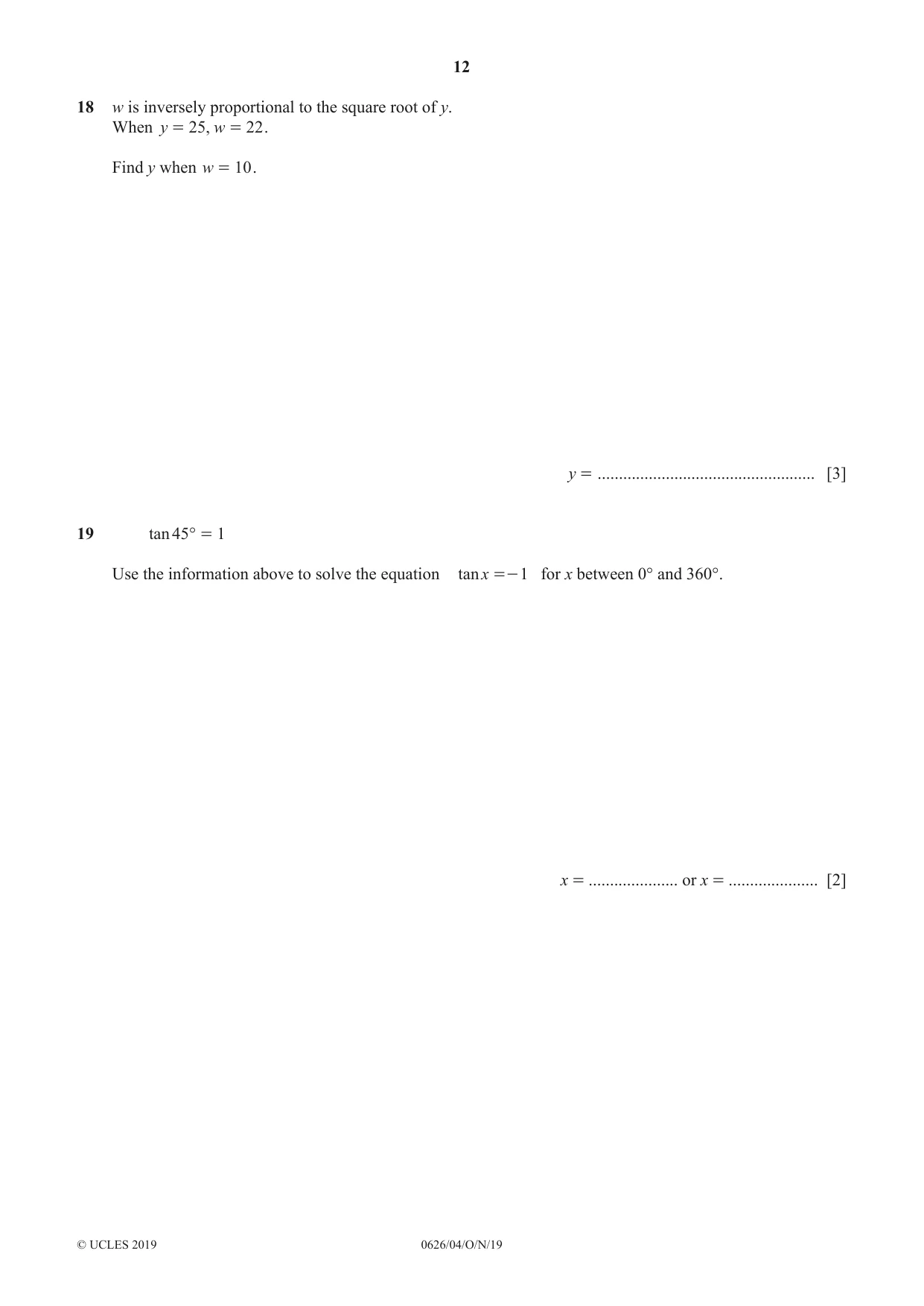 Cambridge IGCSE Mathematics (9-1) (UK only) 0626 2019 Oct/Nov Paper 4 · Variant 1 question paper, page 12 of 16