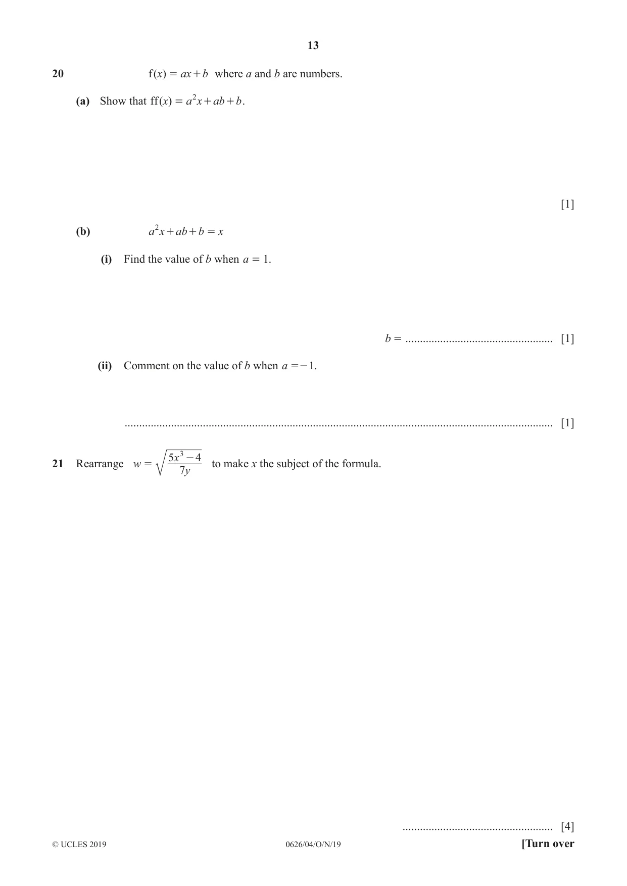 Cambridge IGCSE Mathematics (9-1) (UK only) 0626 2019 Oct/Nov Paper 4 · Variant 1 question paper, page 13 of 16