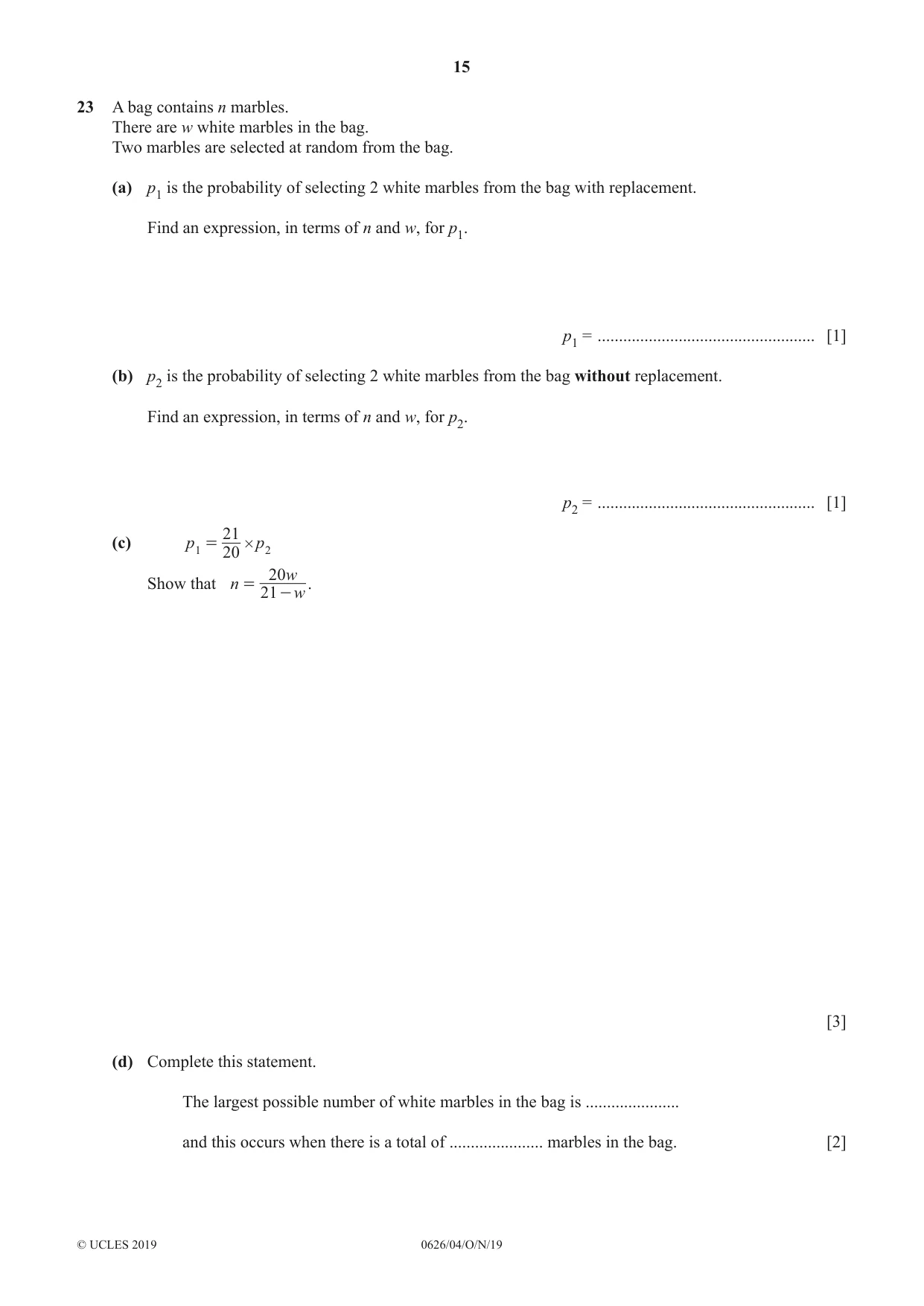 Cambridge IGCSE Mathematics (9-1) (UK only) 0626 2019 Oct/Nov Paper 4 · Variant 1 question paper, page 15 of 16