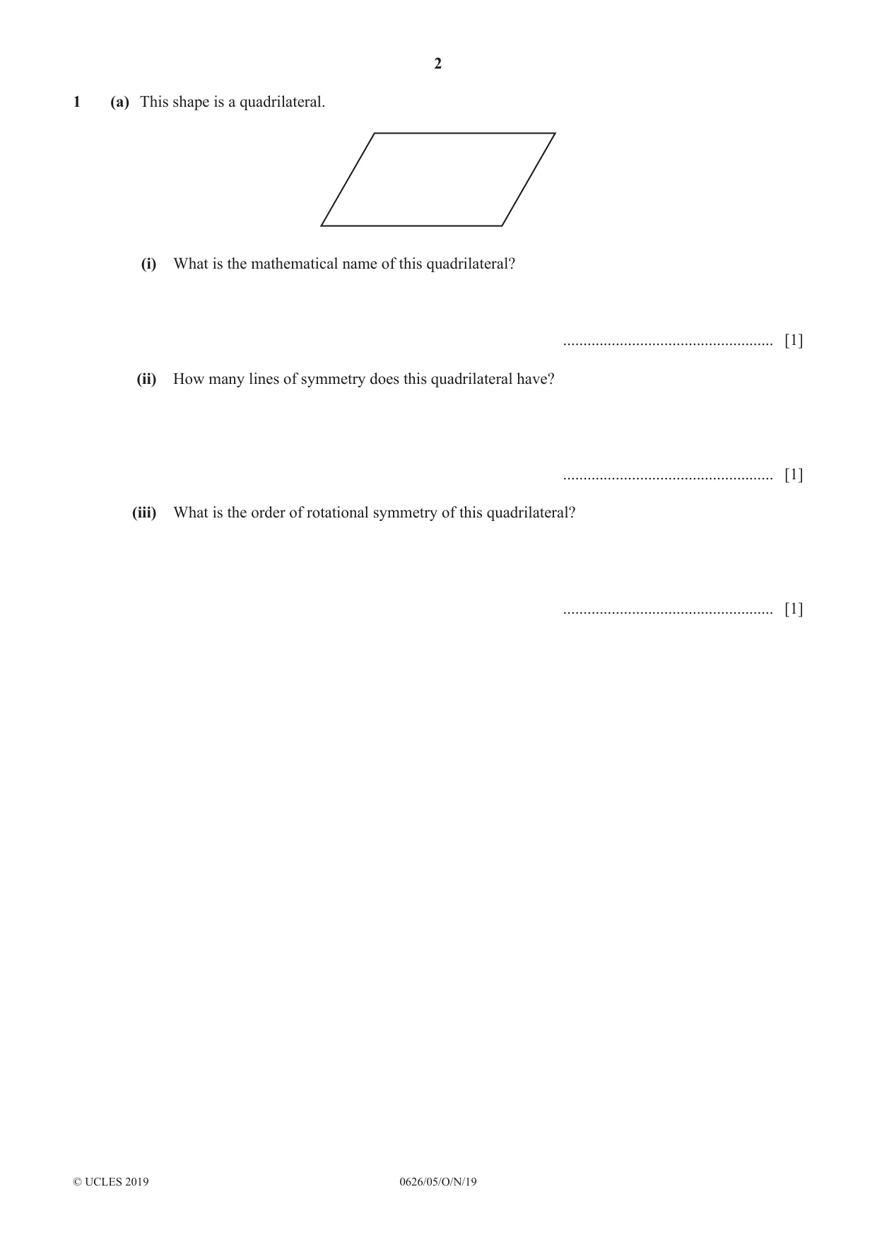 Cambridge IGCSE Mathematics (9-1) (UK only) 0626 2019 Oct/Nov Paper 5 · Variant 1 question paper, page 2 of 20