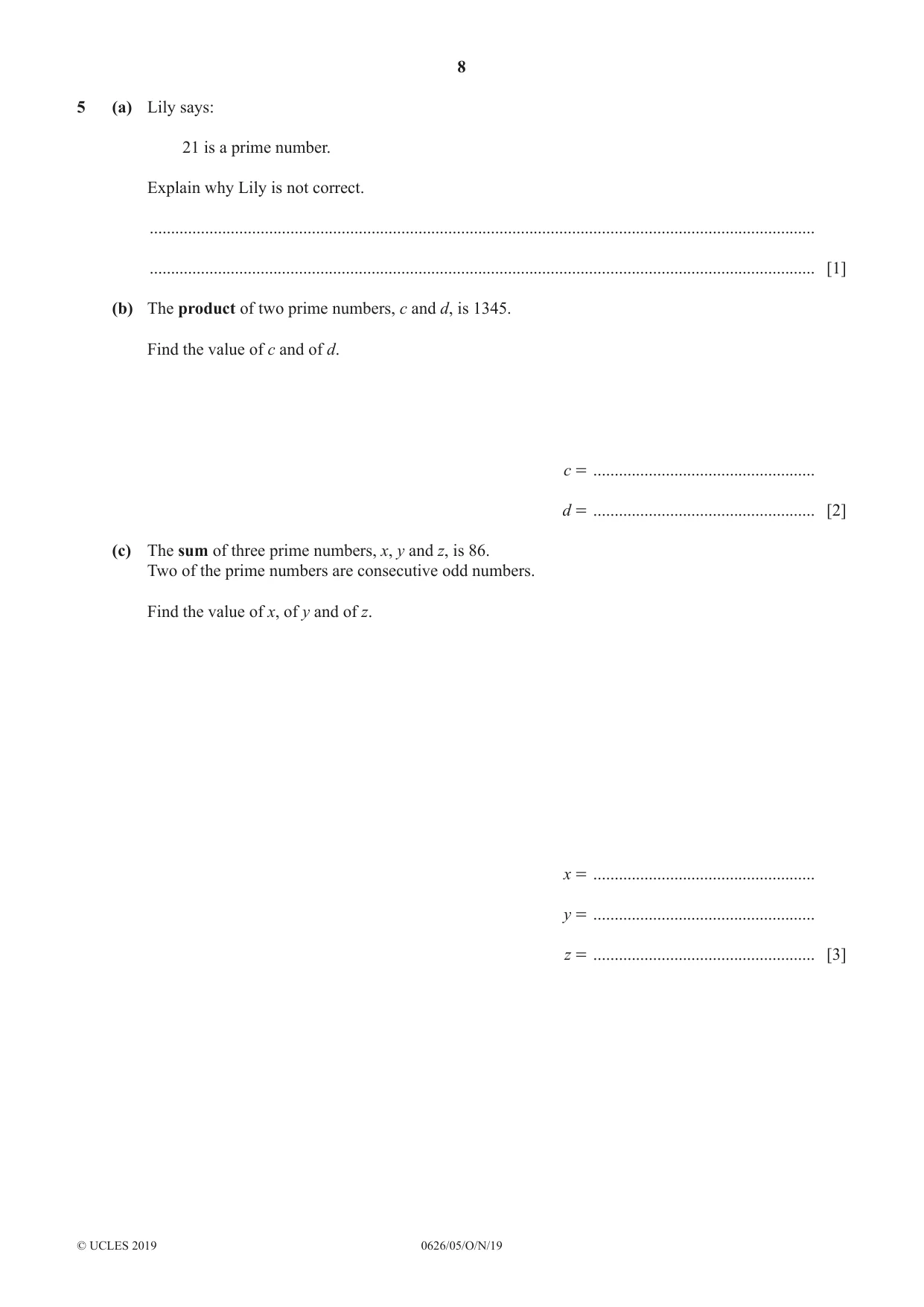 Cambridge IGCSE Mathematics (9-1) (UK only) 0626 2019 Oct/Nov Paper 5 · Variant 1 question paper, page 8 of 20