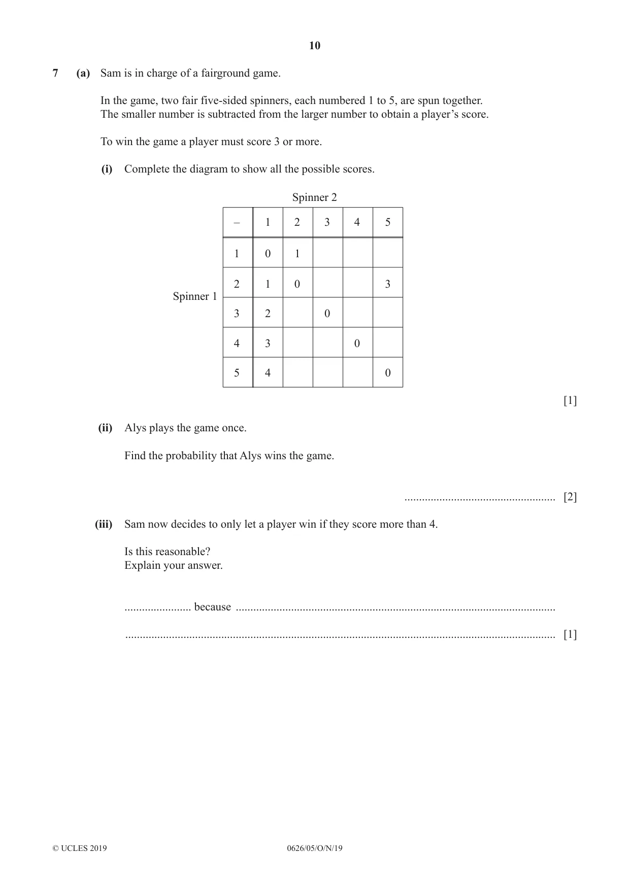 Cambridge IGCSE Mathematics (9-1) (UK only) 0626 2019 Oct/Nov Paper 5 · Variant 1 question paper, page 10 of 20