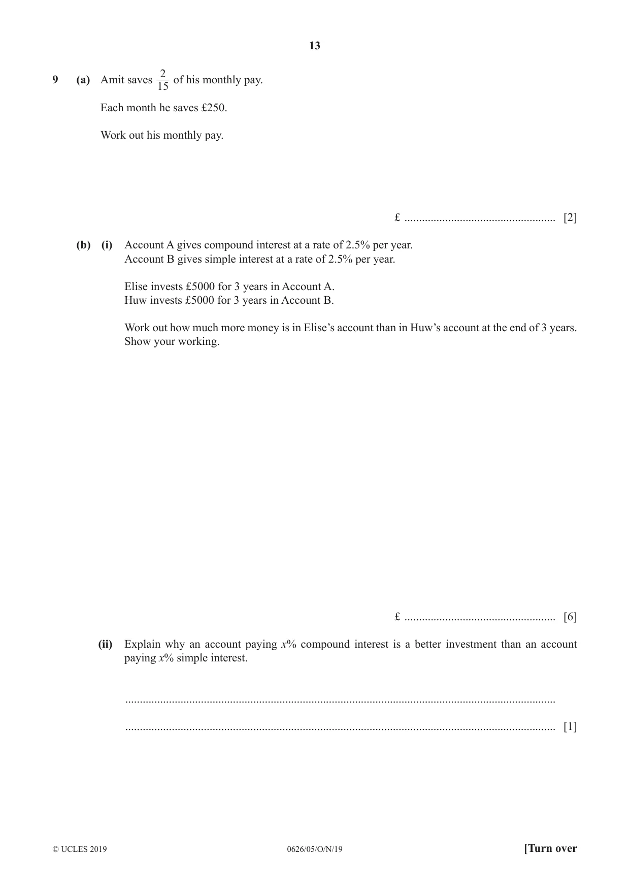 Cambridge IGCSE Mathematics (9-1) (UK only) 0626 2019 Oct/Nov Paper 5 · Variant 1 question paper, page 13 of 20