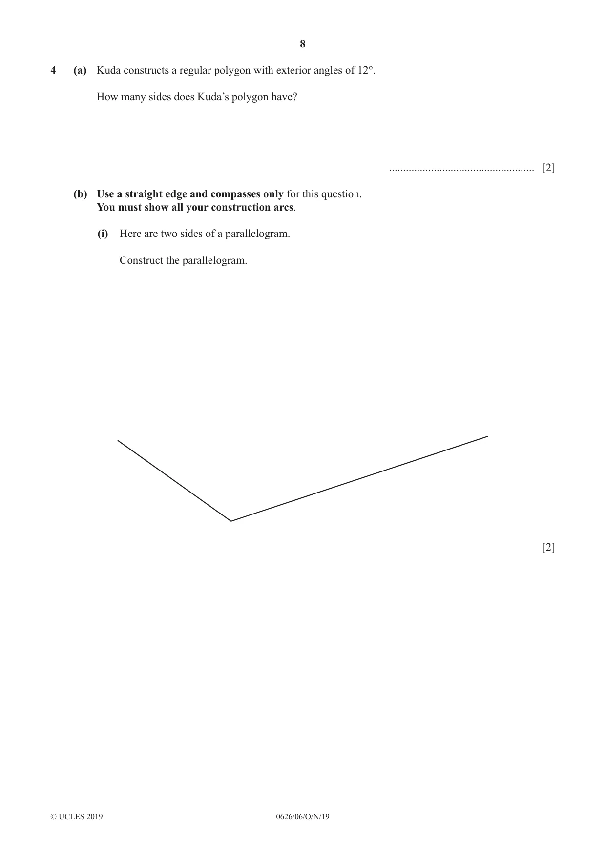 Cambridge IGCSE Mathematics (9-1) (UK only) 0626 2019 Oct/Nov Paper 6 · Variant 1 question paper, page 8 of 20