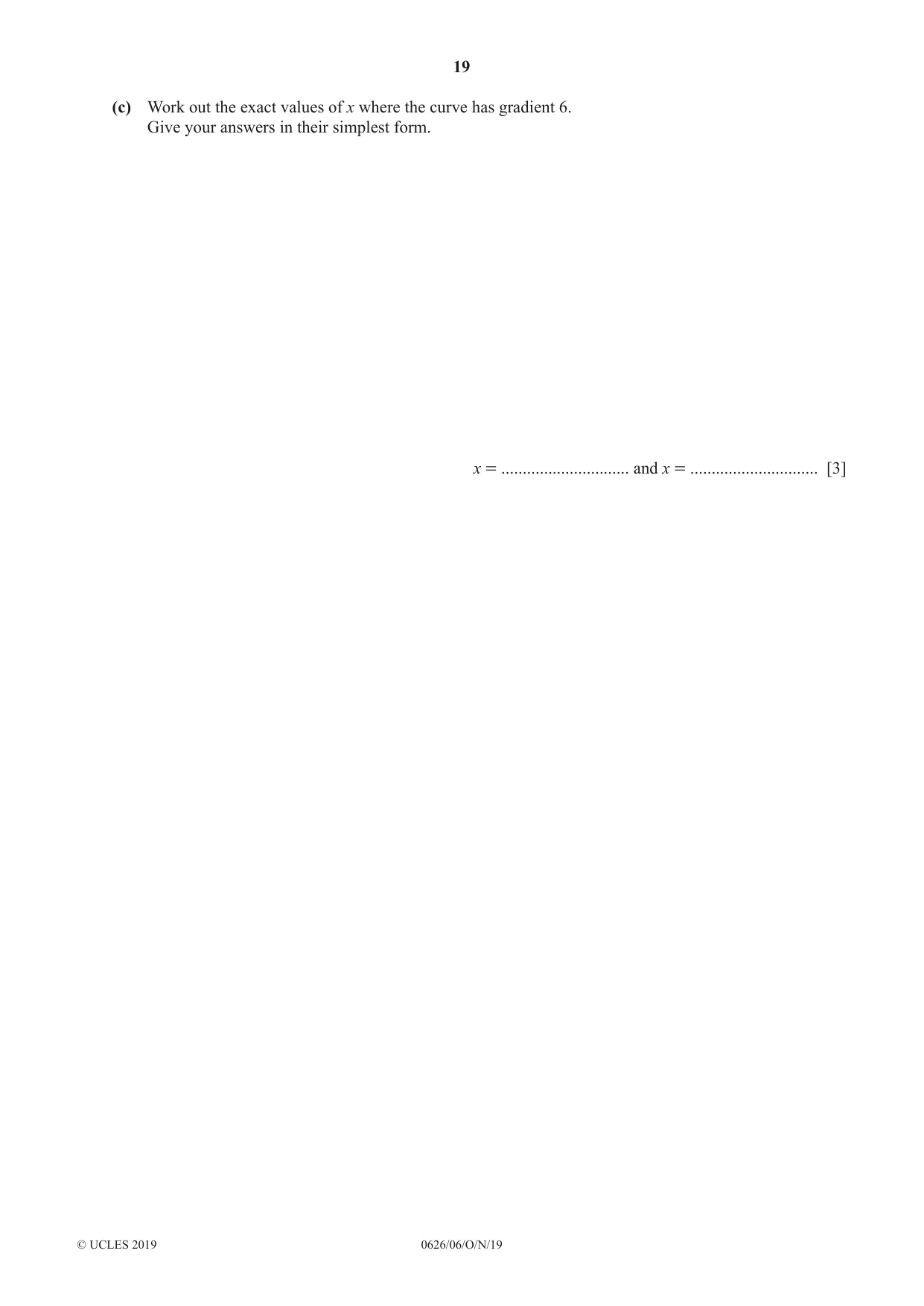 Cambridge IGCSE Mathematics (9-1) (UK only) 0626 2019 Oct/Nov Paper 6 · Variant 1 question paper, page 19 of 20