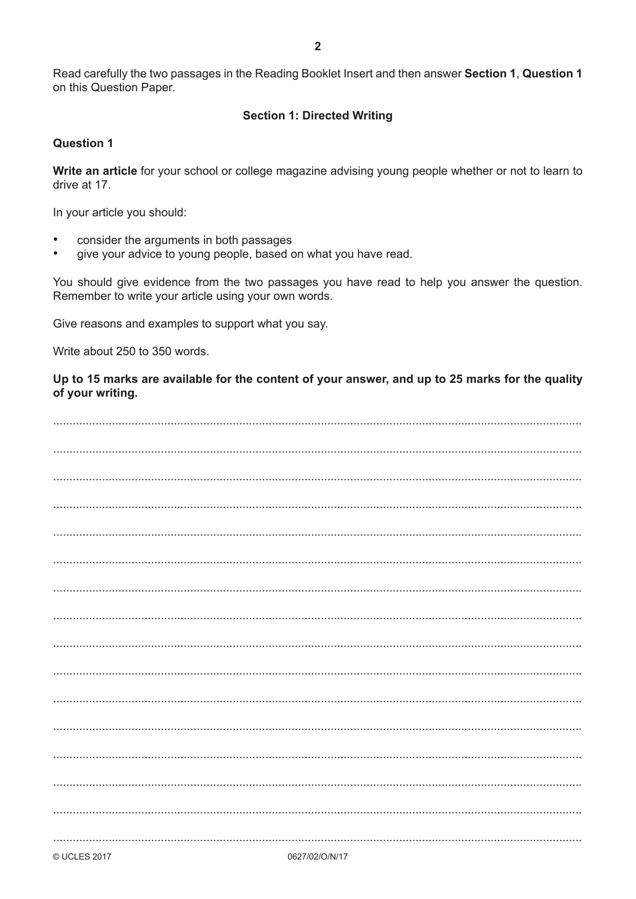 Cambridge IGCSE English - First Language (9-1) (UK only) 0627 2017 Oct/Nov Paper 2 · Variant 1 question paper, page 2 of 12