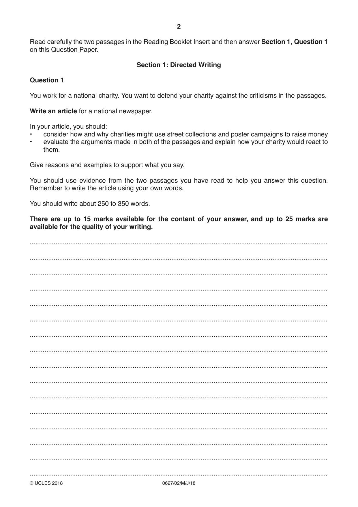 Cambridge IGCSE English - First Language (9-1) (UK only) 0627 2018 May/June Paper 2 · Variant 0 question paper, page 2 of 12