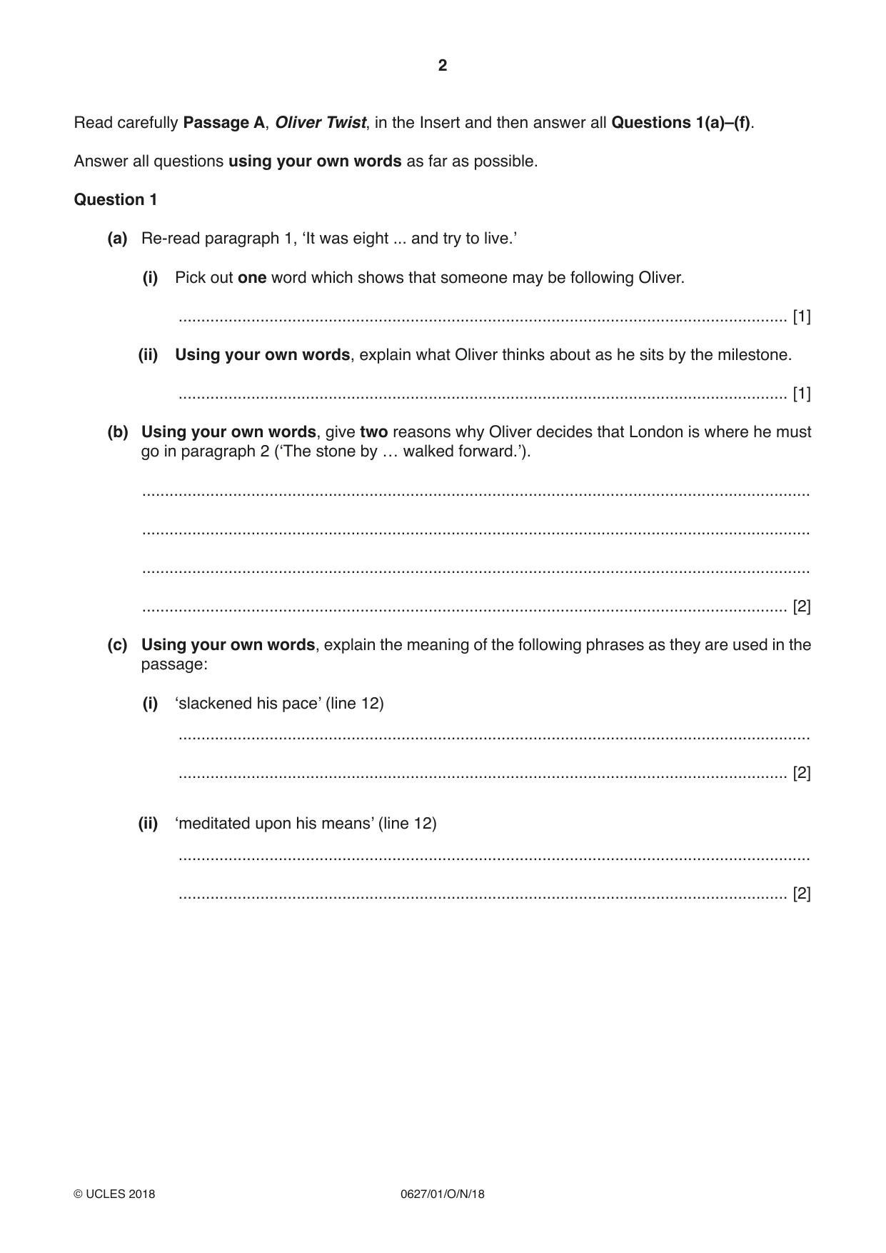 Cambridge IGCSE English - First Language (9-1) (UK only) 0627 2018 Oct/Nov Paper 1 · Variant 0 question paper, page 2 of 12