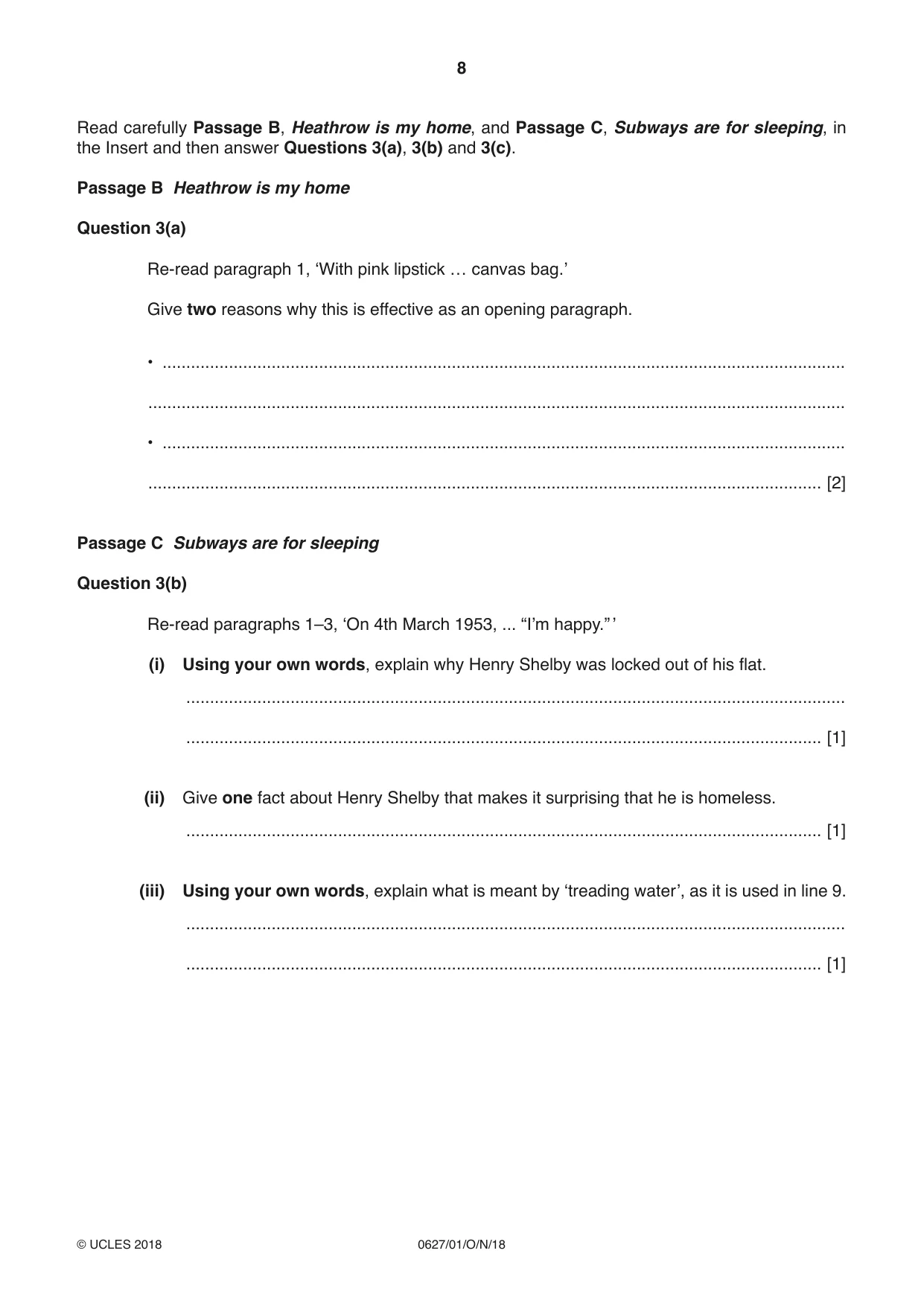 Cambridge IGCSE English - First Language (9-1) (UK only) 0627 2018 Oct/Nov Paper 1 · Variant 0 question paper, page 8 of 12