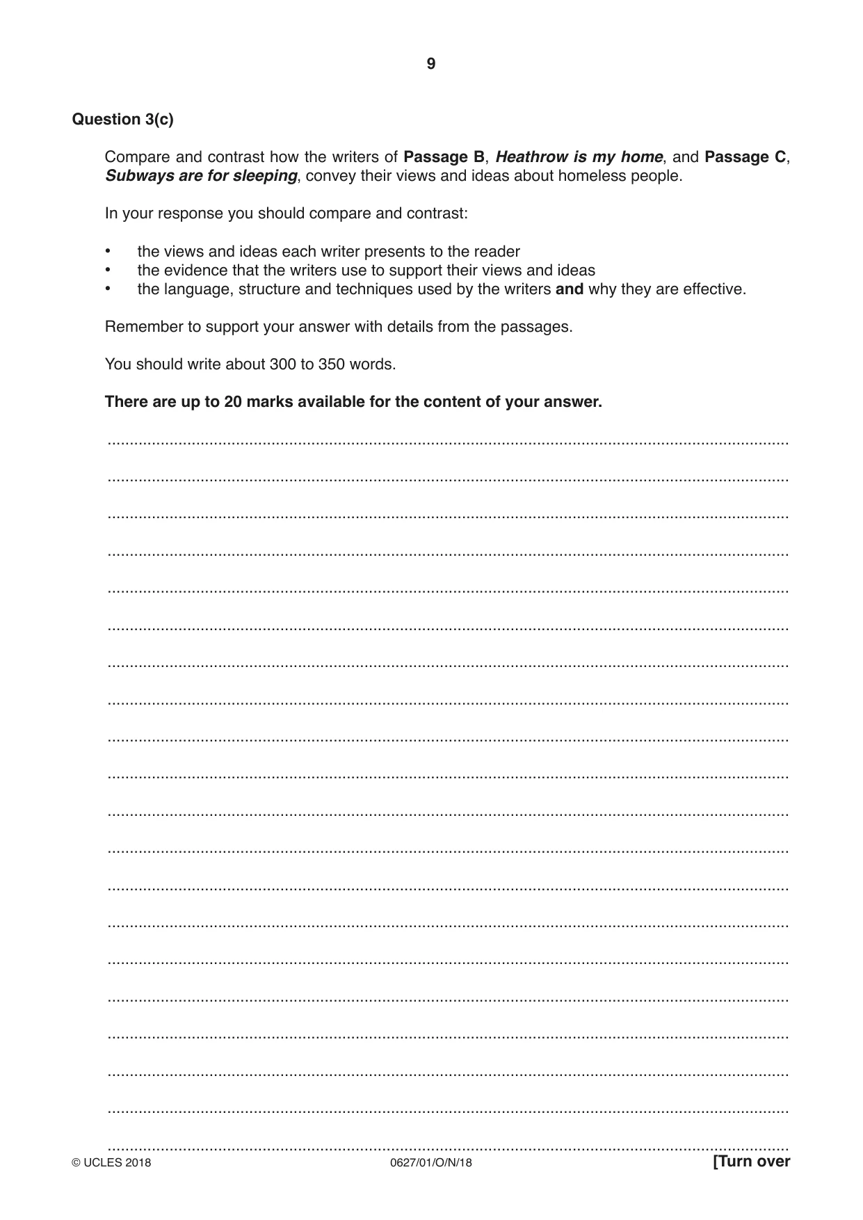 Cambridge IGCSE English - First Language (9-1) (UK only) 0627 2018 Oct/Nov Paper 1 · Variant 0 question paper, page 9 of 12