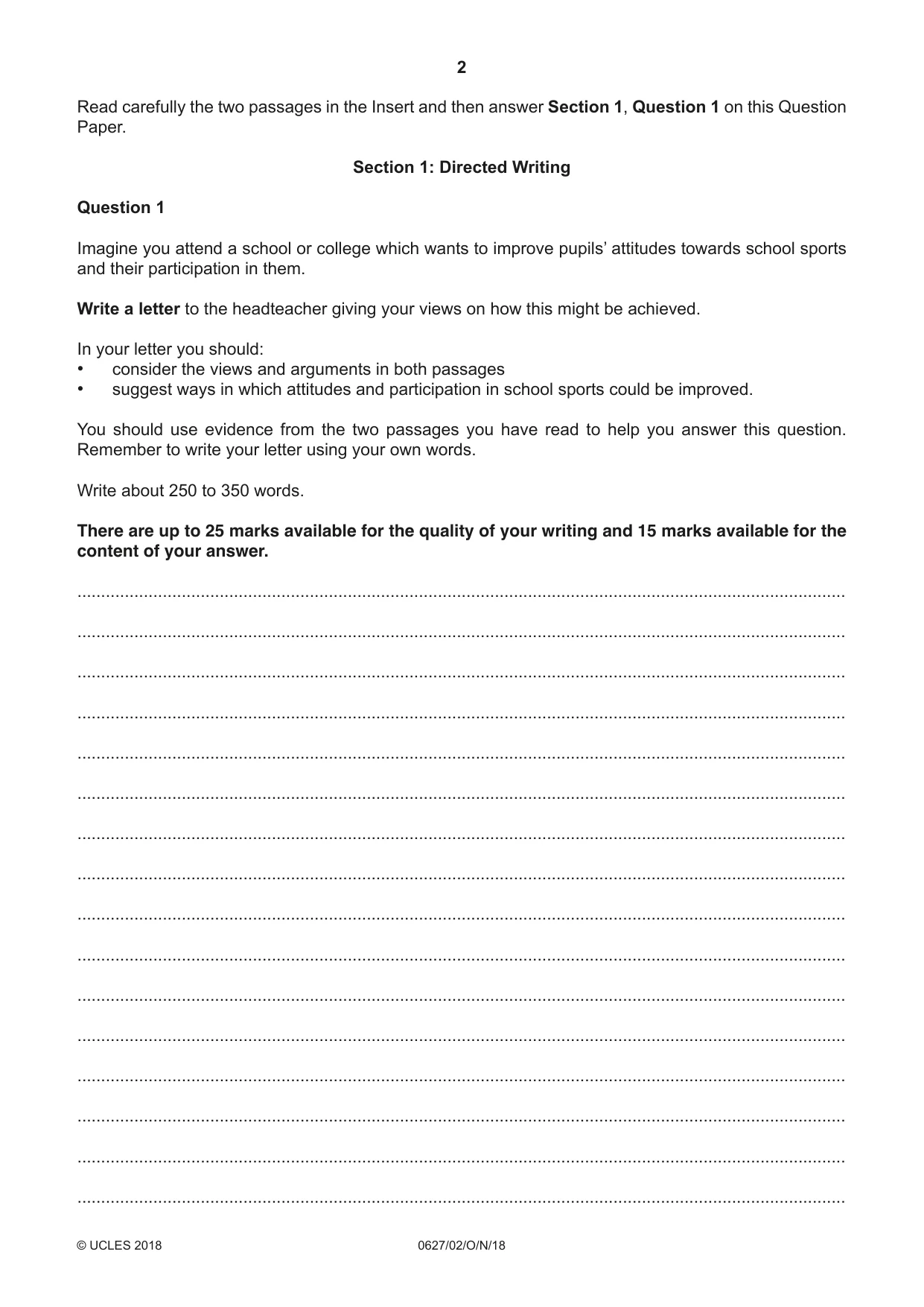 Cambridge IGCSE English - First Language (9-1) (UK only) 0627 2018 Oct/Nov Paper 2 · Variant 0 question paper, page 2 of 12
