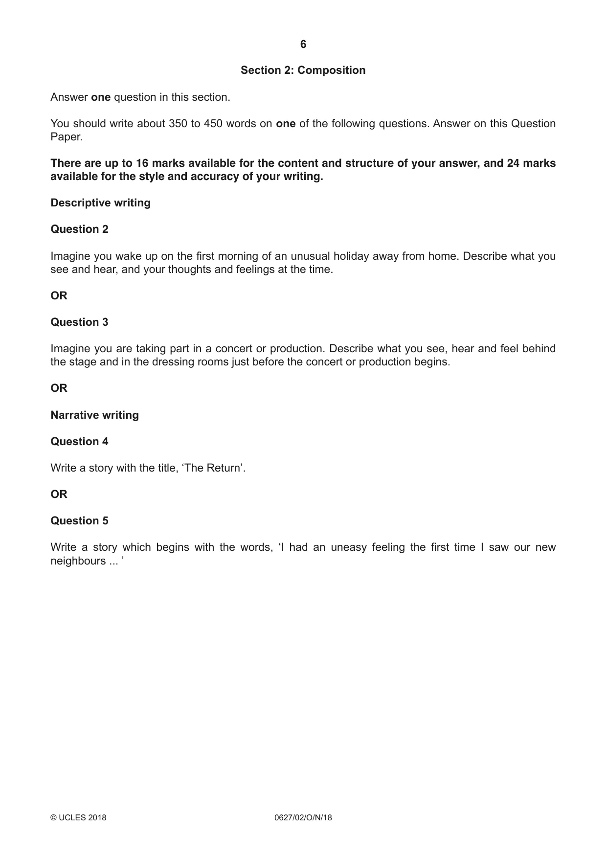 Cambridge IGCSE English - First Language (9-1) (UK only) 0627 2018 Oct/Nov Paper 2 · Variant 0 question paper, page 6 of 12