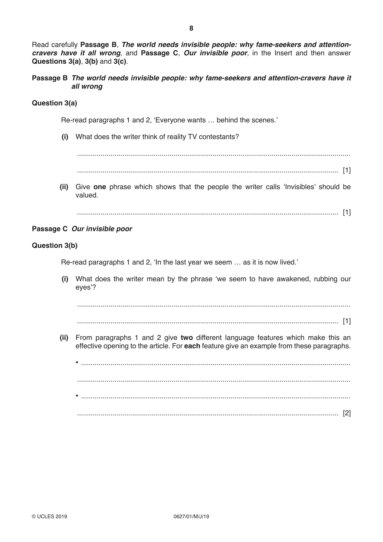 Cambridge IGCSE English - First Language (9-1) (UK only) 0627 2019 May/June Paper 1 · Variant 1 question paper, page 8 of 16