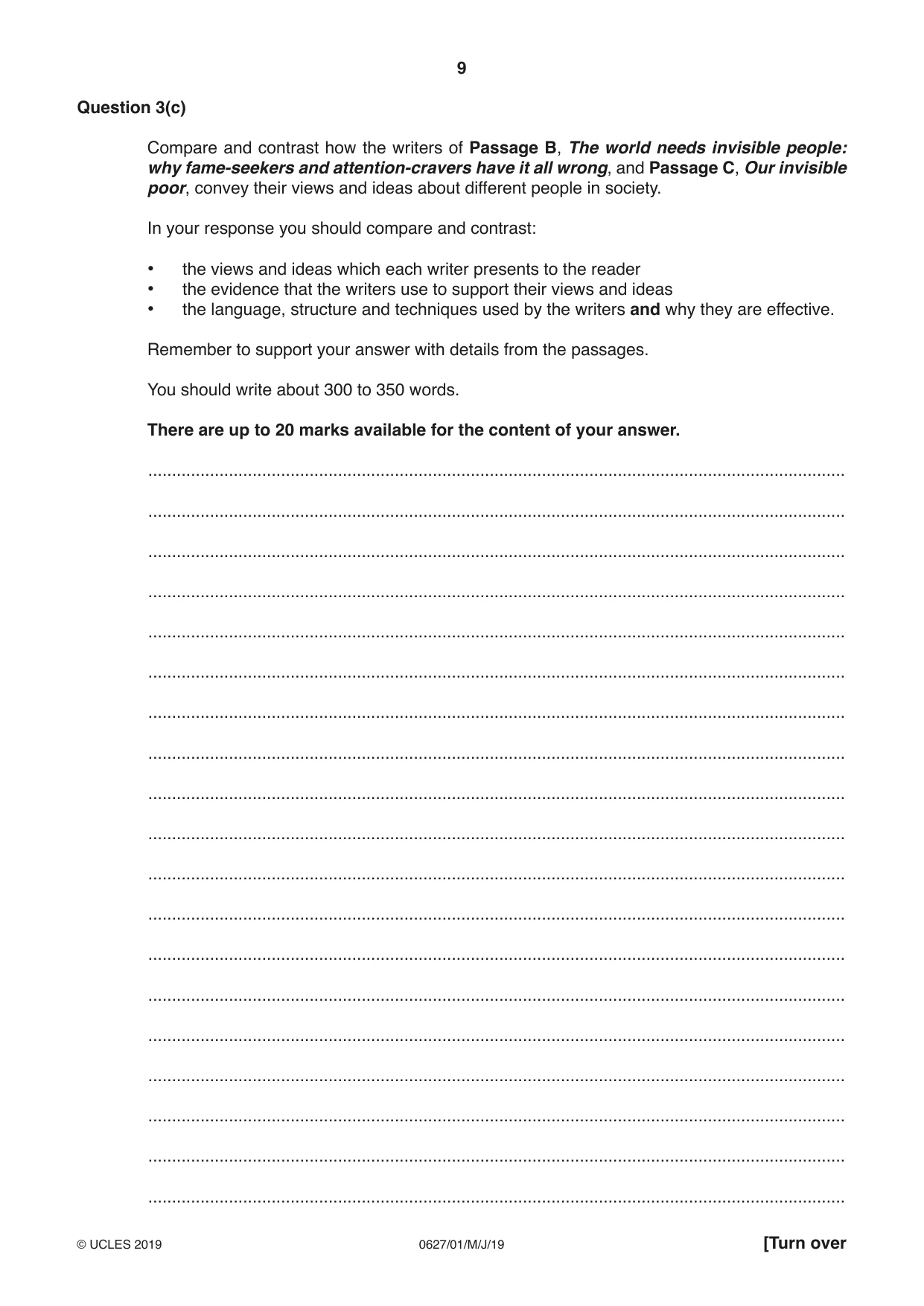 Cambridge IGCSE English - First Language (9-1) (UK only) 0627 2019 May/June Paper 1 · Variant 1 question paper, page 9 of 16