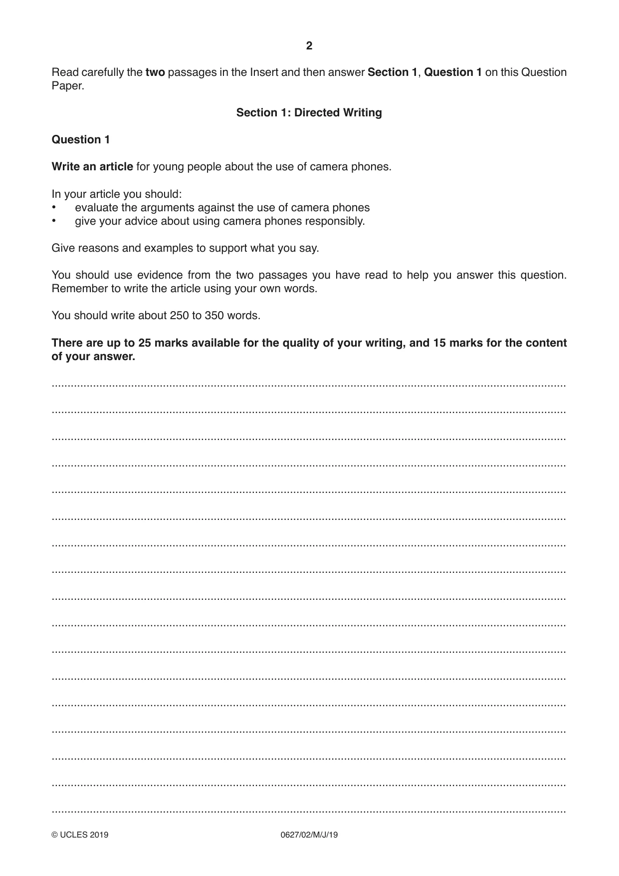 Cambridge IGCSE English - First Language (9-1) (UK only) 0627 2019 May/June Paper 2 · Variant 1 question paper, page 2 of 12