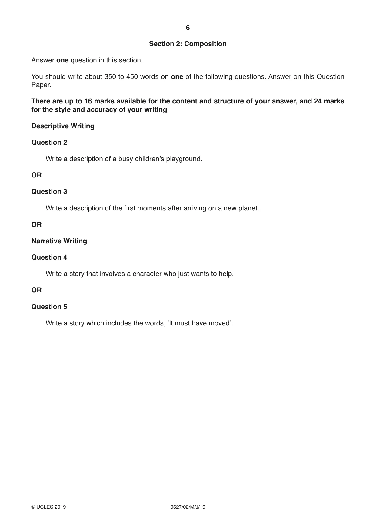 Cambridge IGCSE English - First Language (9-1) (UK only) 0627 2019 May/June Paper 2 · Variant 1 question paper, page 6 of 12