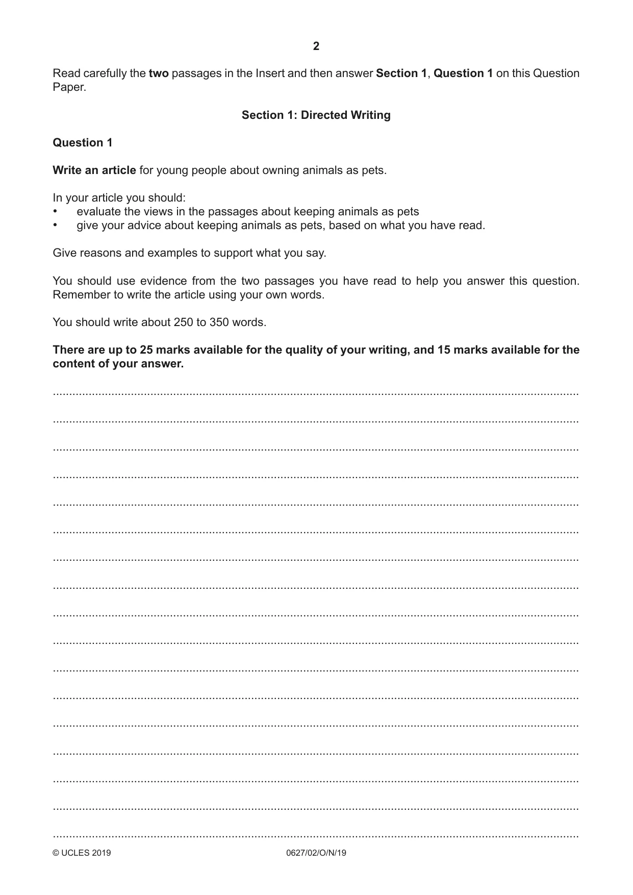 Cambridge IGCSE English - First Language (9-1) (UK only) 0627 2019 Oct/Nov Paper 2 · Variant 1 question paper, page 2 of 12