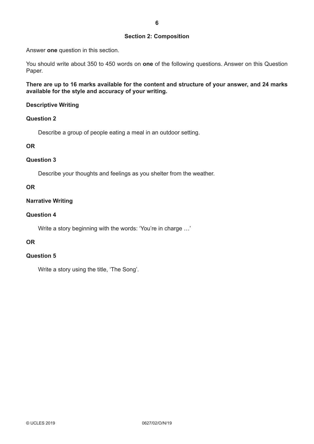 Cambridge IGCSE English - First Language (9-1) (UK only) 0627 2019 Oct/Nov Paper 2 · Variant 1 question paper, page 6 of 12