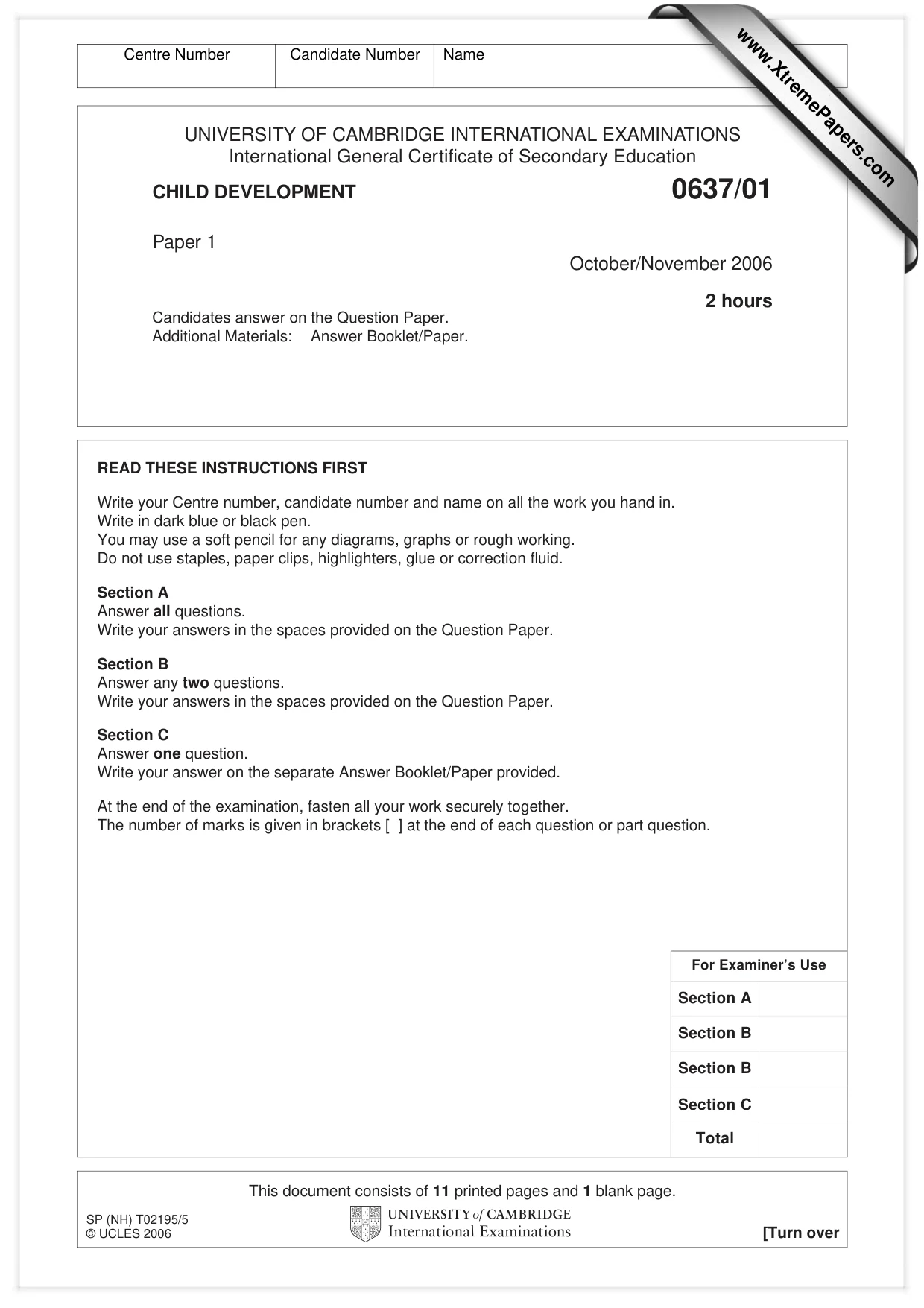 Cambridge IGCSE Child Development 0637 2006 Oct/Nov Paper 1 · Variant 1 question paper, page 1 of 12
