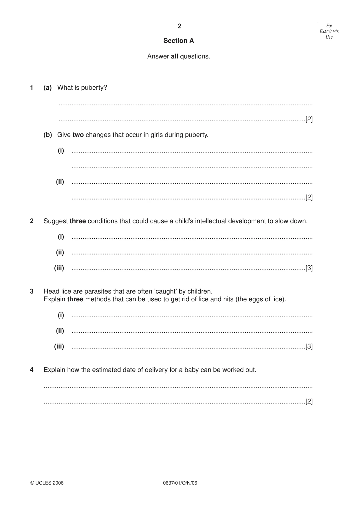 Cambridge IGCSE Child Development 0637 2006 Oct/Nov Paper 1 · Variant 1 question paper, page 2 of 12