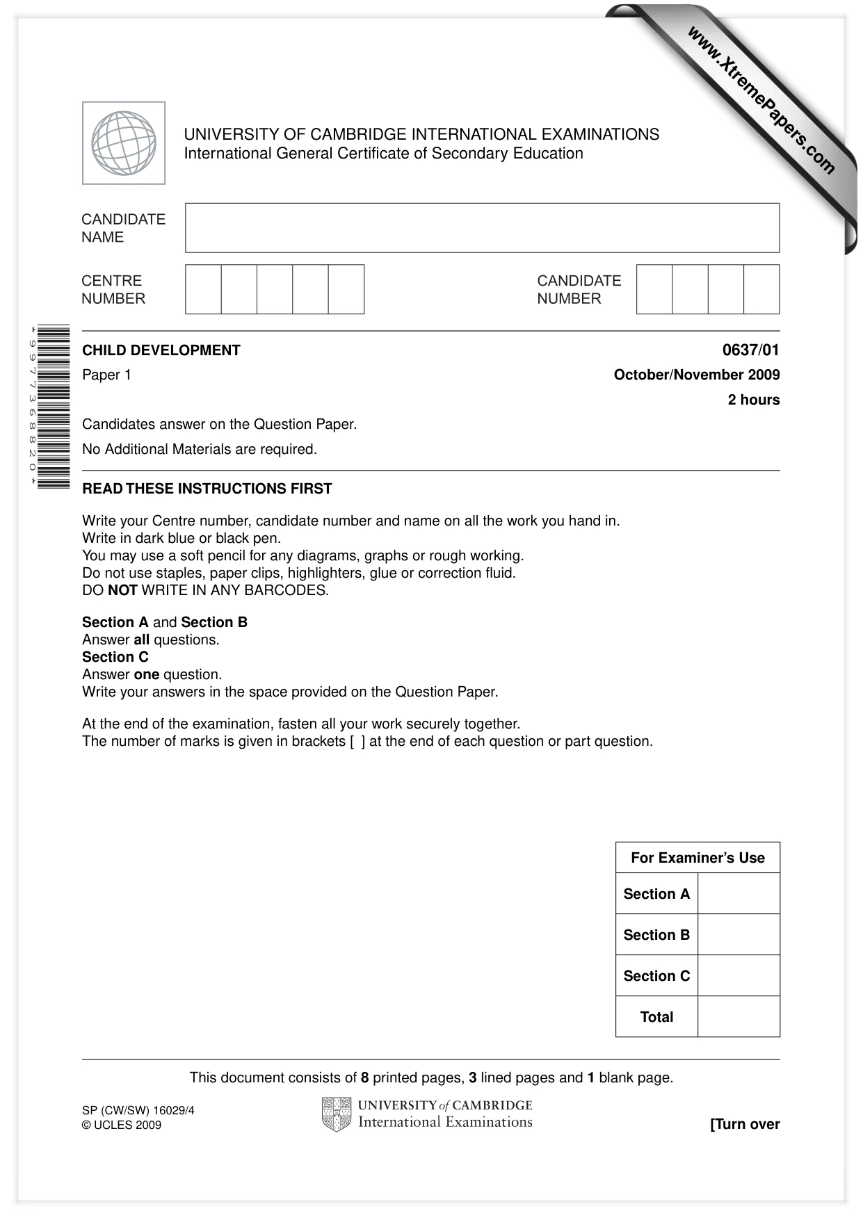Cambridge IGCSE Child Development 0637 2009 Oct/Nov Paper 1 · Variant 1 question paper, page 1 of 12