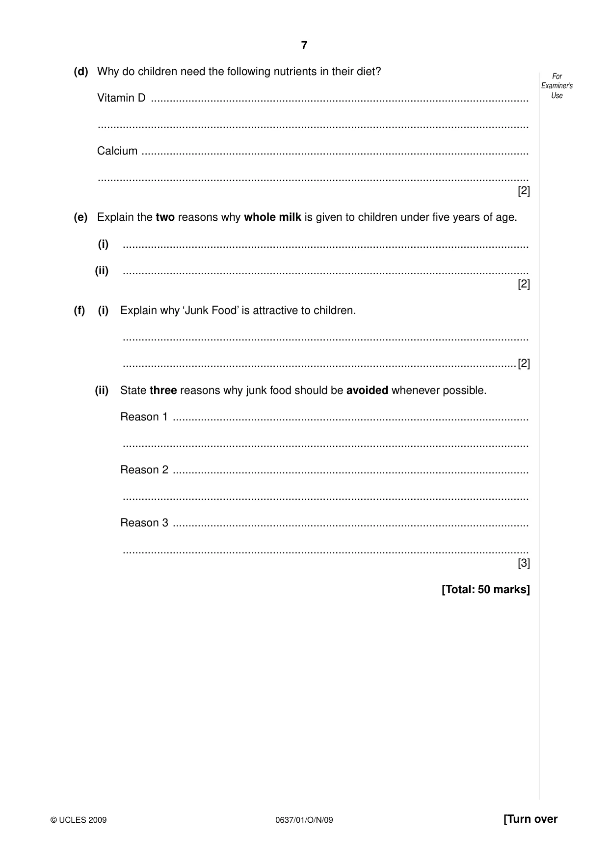 Cambridge IGCSE Child Development 0637 2009 Oct/Nov Paper 1 · Variant 1 question paper, page 7 of 12