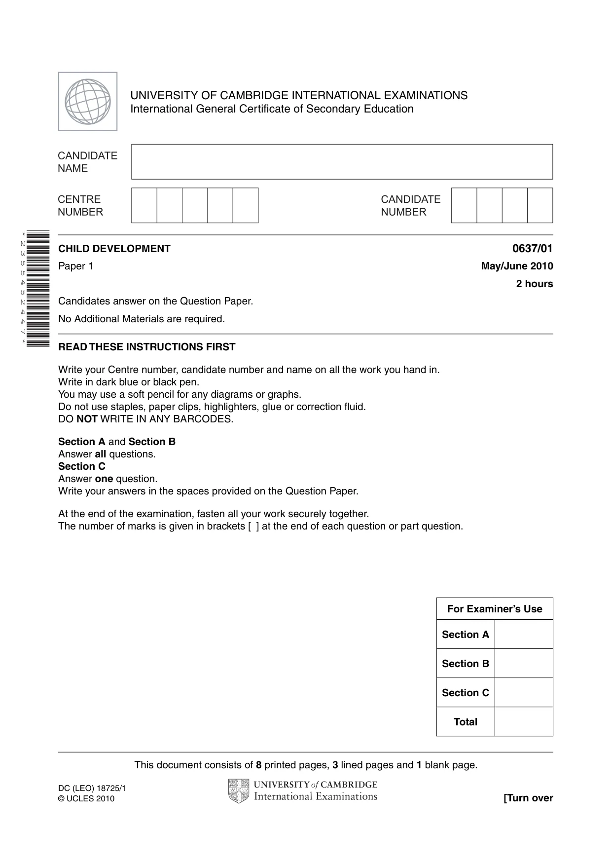 Cambridge IGCSE Child Development 0637 2010 May/June Paper 1 · Variant 1 question paper, page 1 of 12