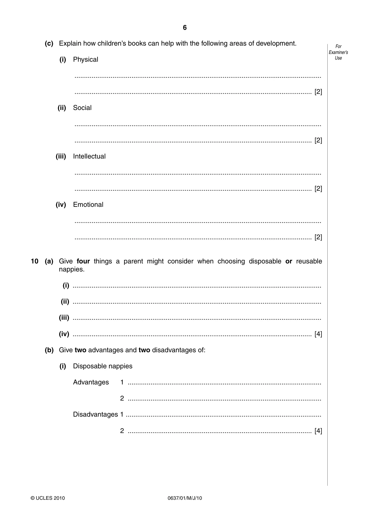 Cambridge IGCSE Child Development 0637 2010 May/June Paper 1 · Variant 1 question paper, page 6 of 12