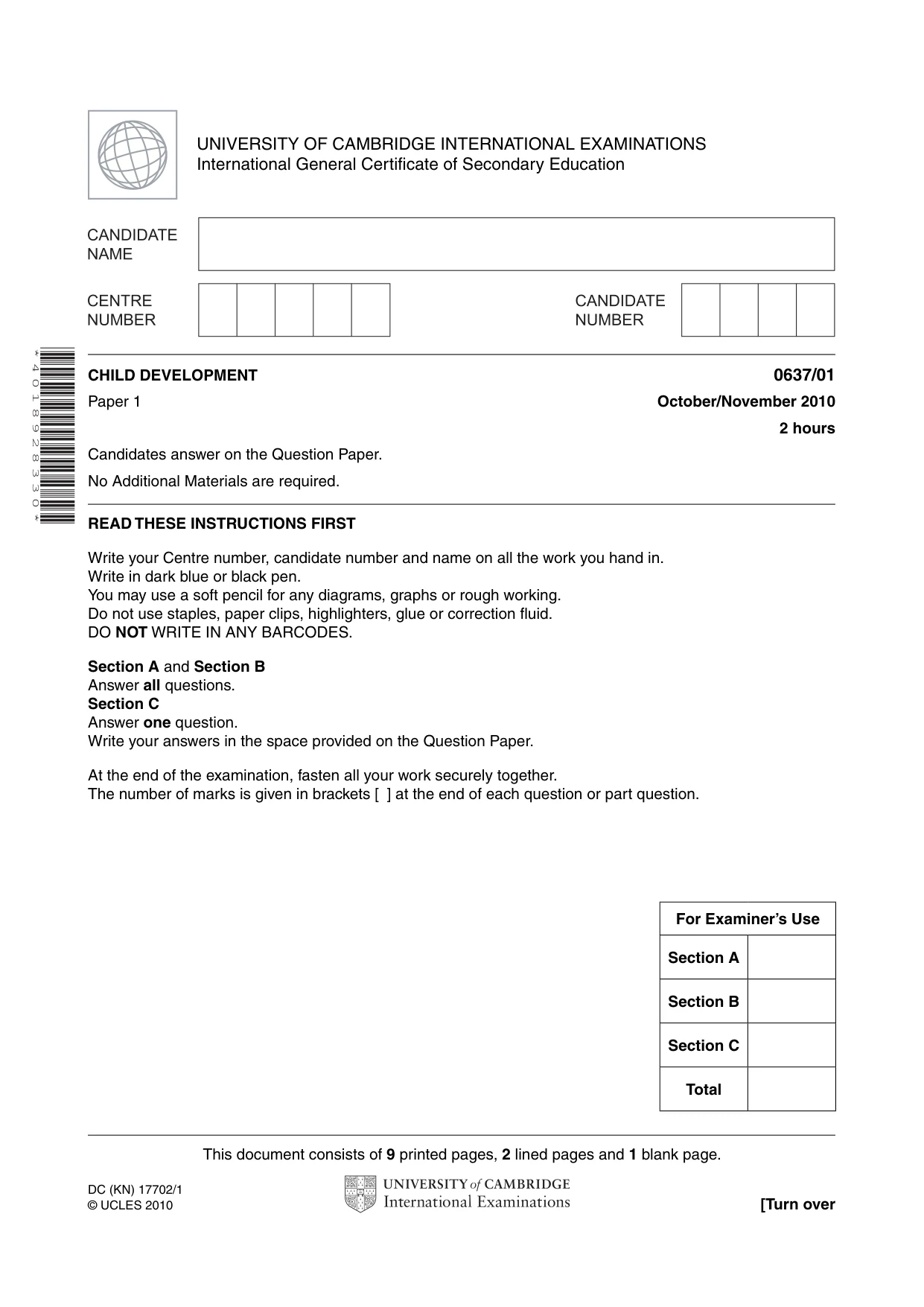 Cambridge IGCSE Child Development 0637 2010 Oct/Nov Paper 1 · Variant 1 question paper, page 1 of 12
