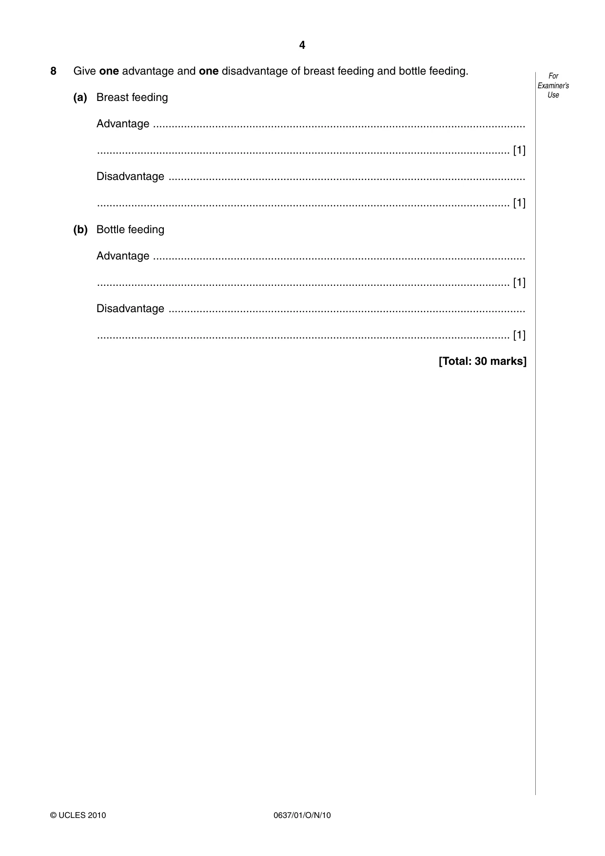 Cambridge IGCSE Child Development 0637 2010 Oct/Nov Paper 1 · Variant 1 question paper, page 4 of 12
