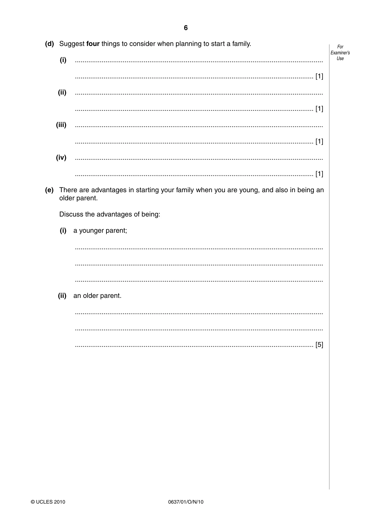 Cambridge IGCSE Child Development 0637 2010 Oct/Nov Paper 1 · Variant 1 question paper, page 6 of 12