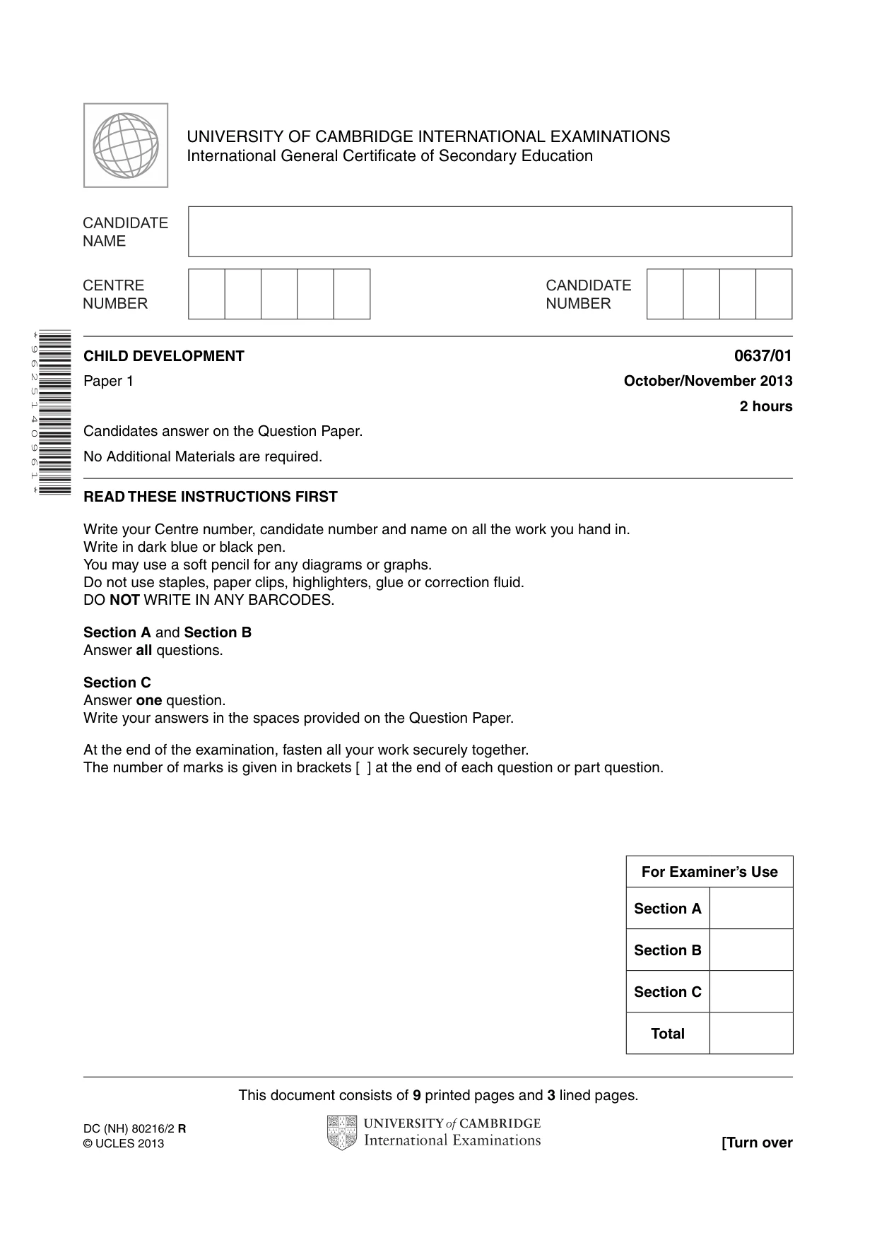 Cambridge IGCSE Child Development 0637 2013 Oct/Nov Paper 1 · Variant 1 question paper, page 1 of 12