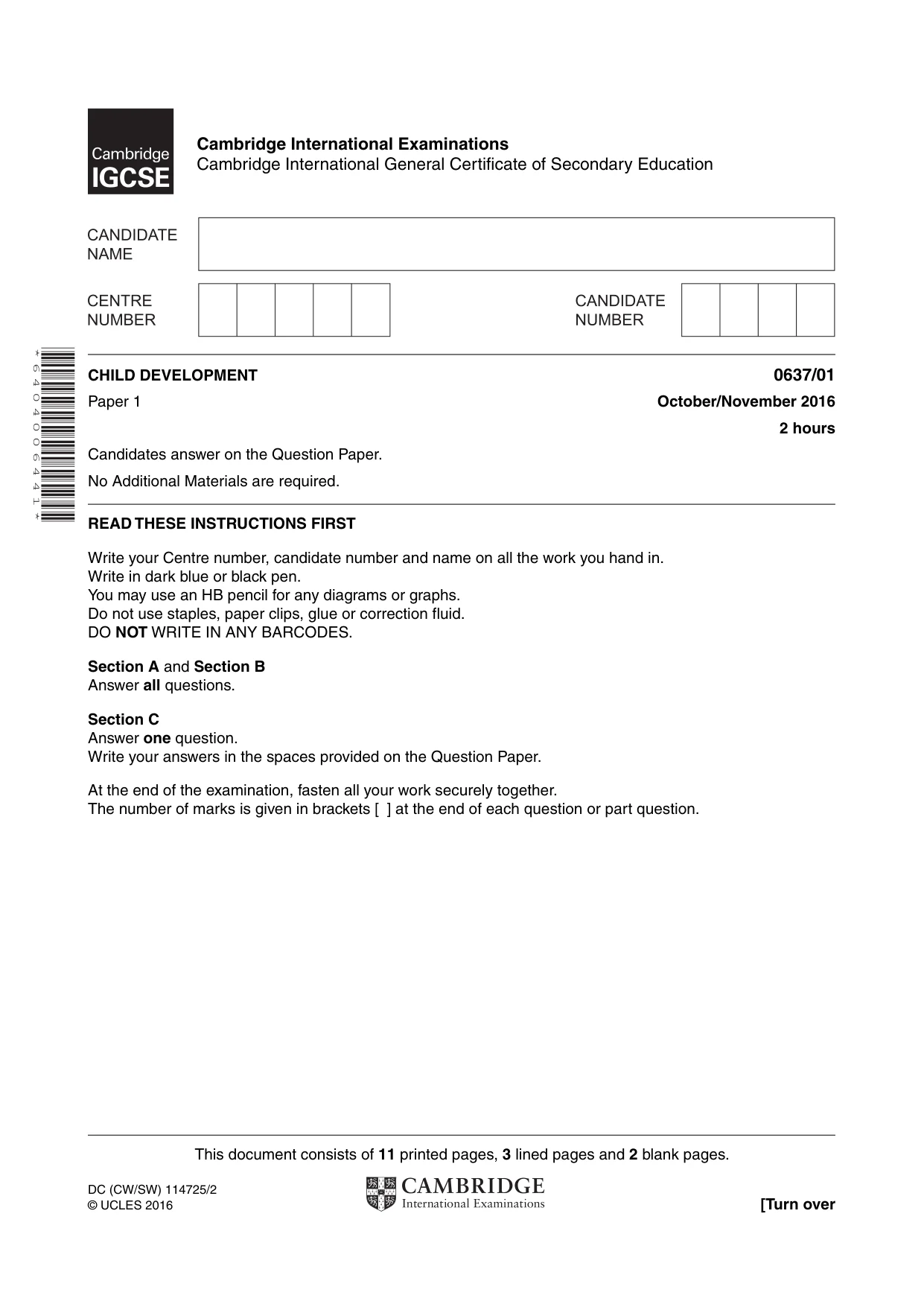 Cambridge IGCSE Child Development 0637 2016 Oct/Nov Paper 1 · Variant 1 question paper, page 1 of 16