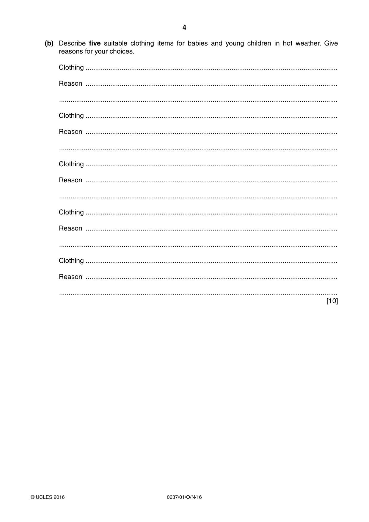 Cambridge IGCSE Child Development 0637 2016 Oct/Nov Paper 1 · Variant 1 question paper, page 4 of 16