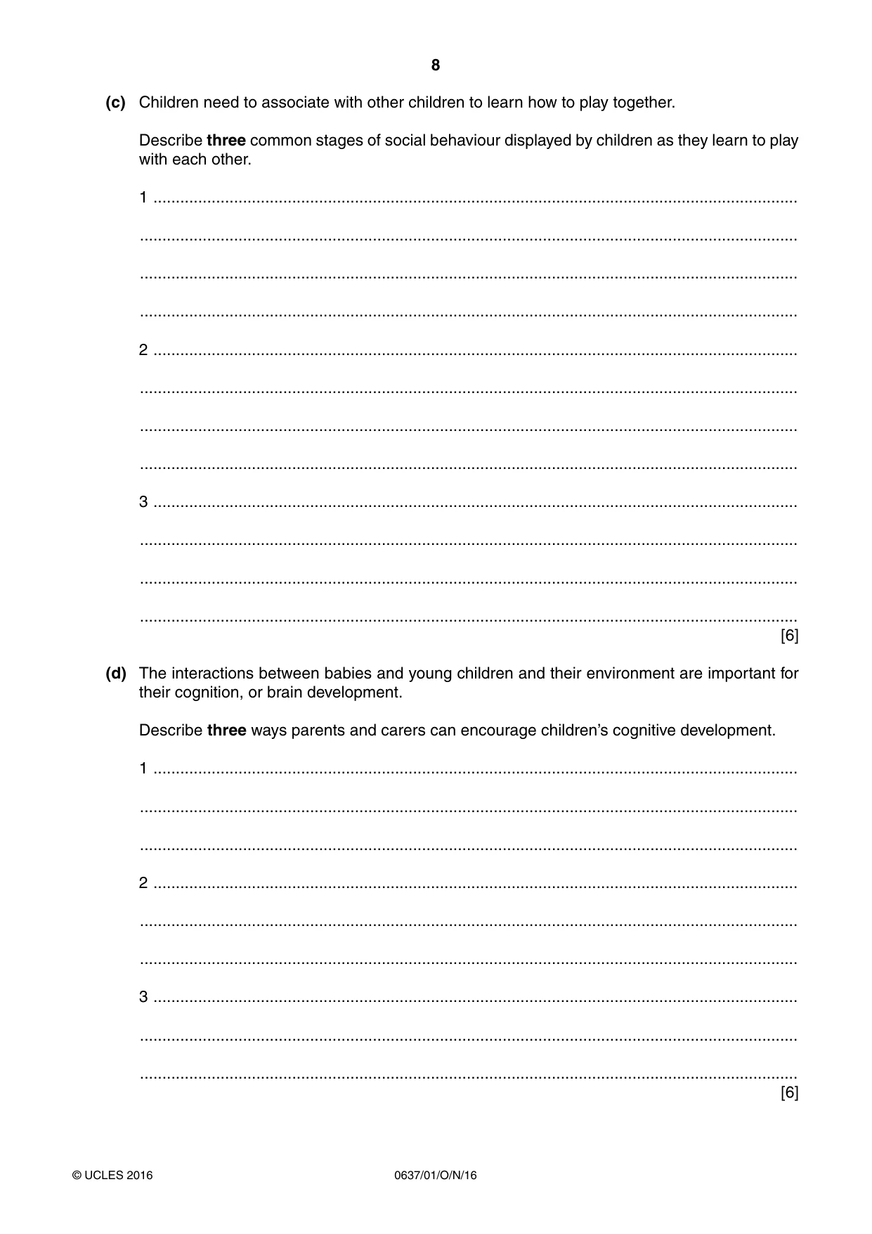 Cambridge IGCSE Child Development 0637 2016 Oct/Nov Paper 1 · Variant 1 question paper, page 8 of 16