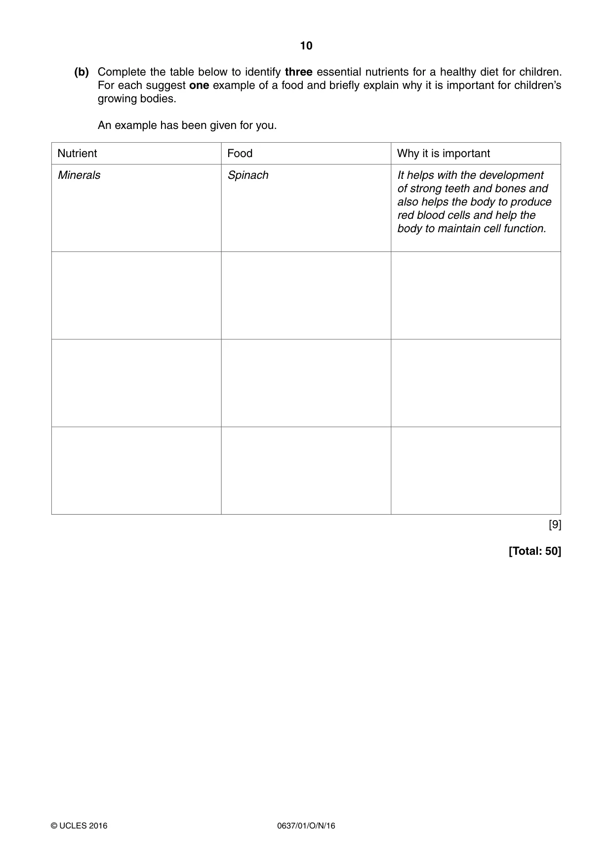 Cambridge IGCSE Child Development 0637 2016 Oct/Nov Paper 1 · Variant 1 question paper, page 10 of 16