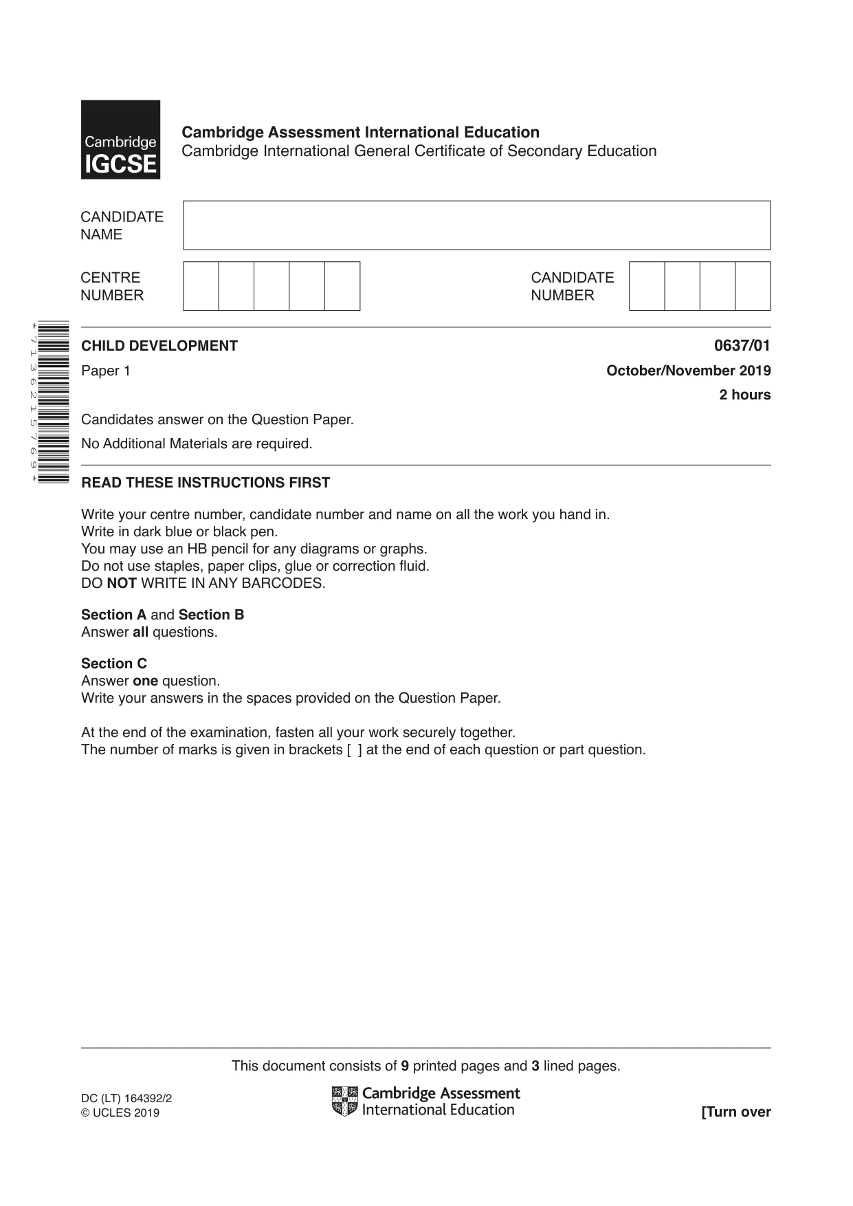 Cambridge IGCSE Child Development 0637 2019 Oct/Nov Paper 1 · Variant 1 question paper, page 1 of 12