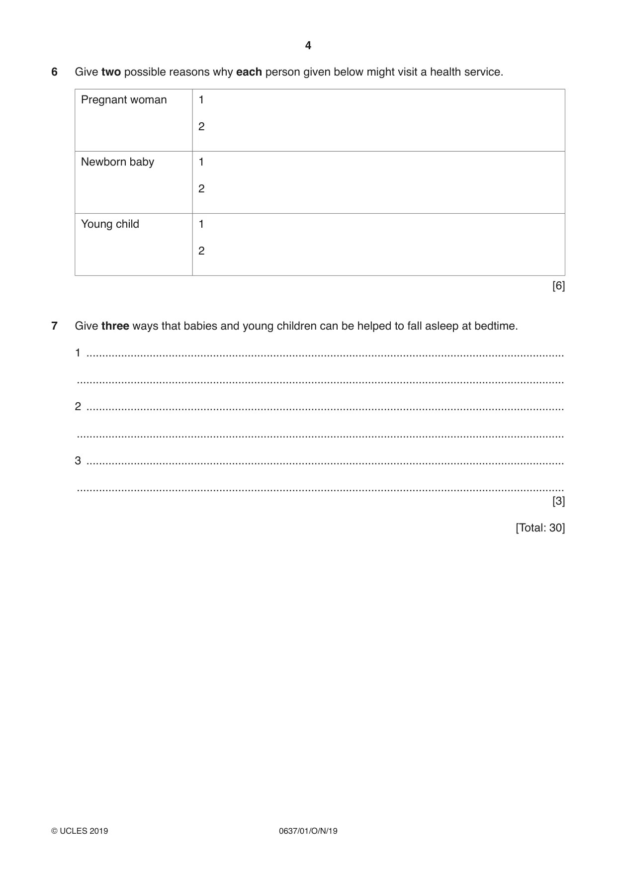 Cambridge IGCSE Child Development 0637 2019 Oct/Nov Paper 1 · Variant 1 question paper, page 4 of 12