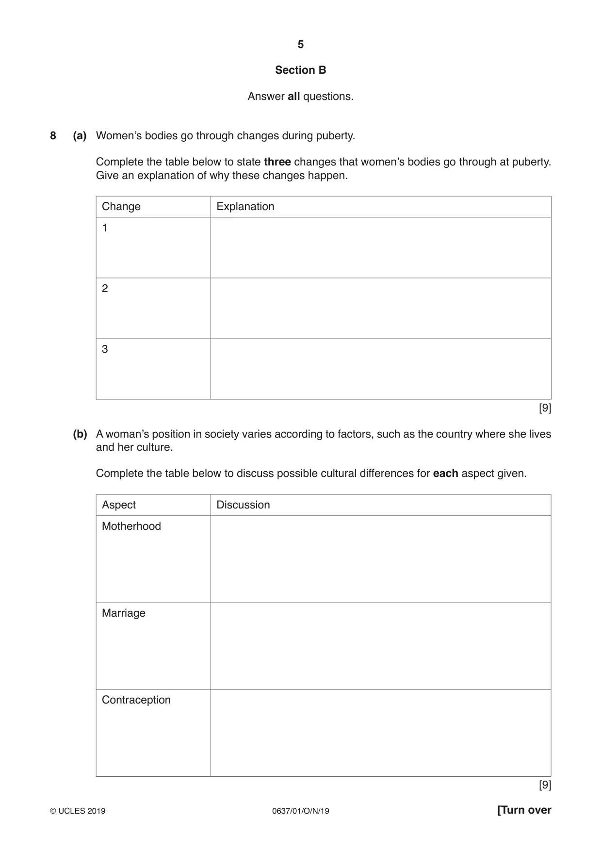 Cambridge IGCSE Child Development 0637 2019 Oct/Nov Paper 1 · Variant 1 question paper, page 5 of 12