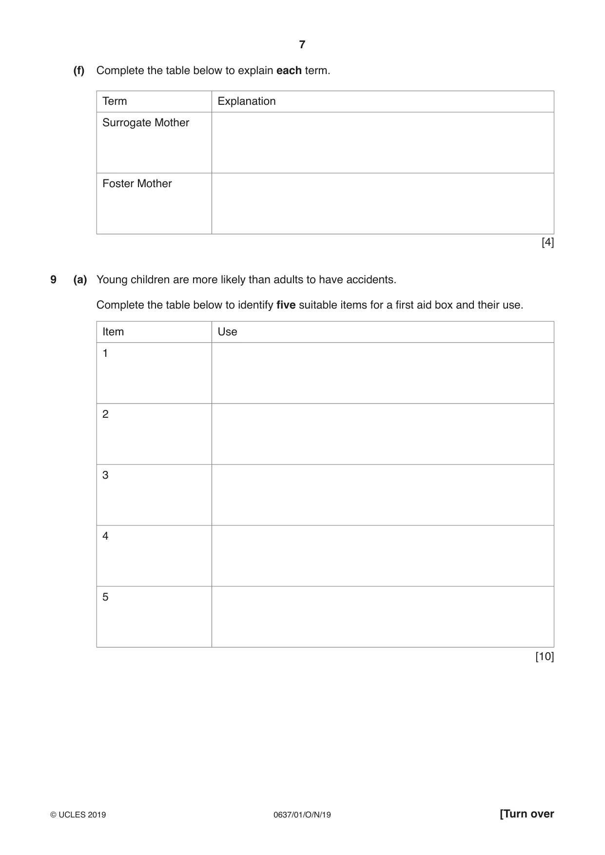 Cambridge IGCSE Child Development 0637 2019 Oct/Nov Paper 1 · Variant 1 question paper, page 7 of 12