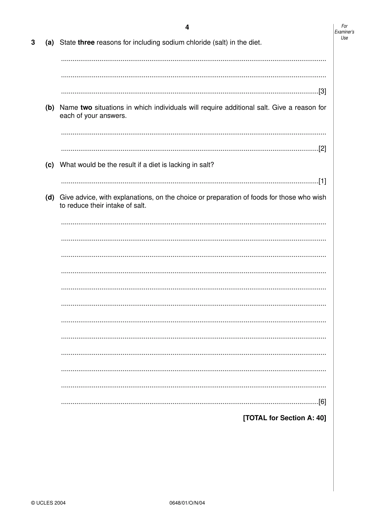 Cambridge IGCSE Food and Nutrition 0648 2004 Oct/Nov Paper 1 · Variant 1 question paper, page 4 of 12