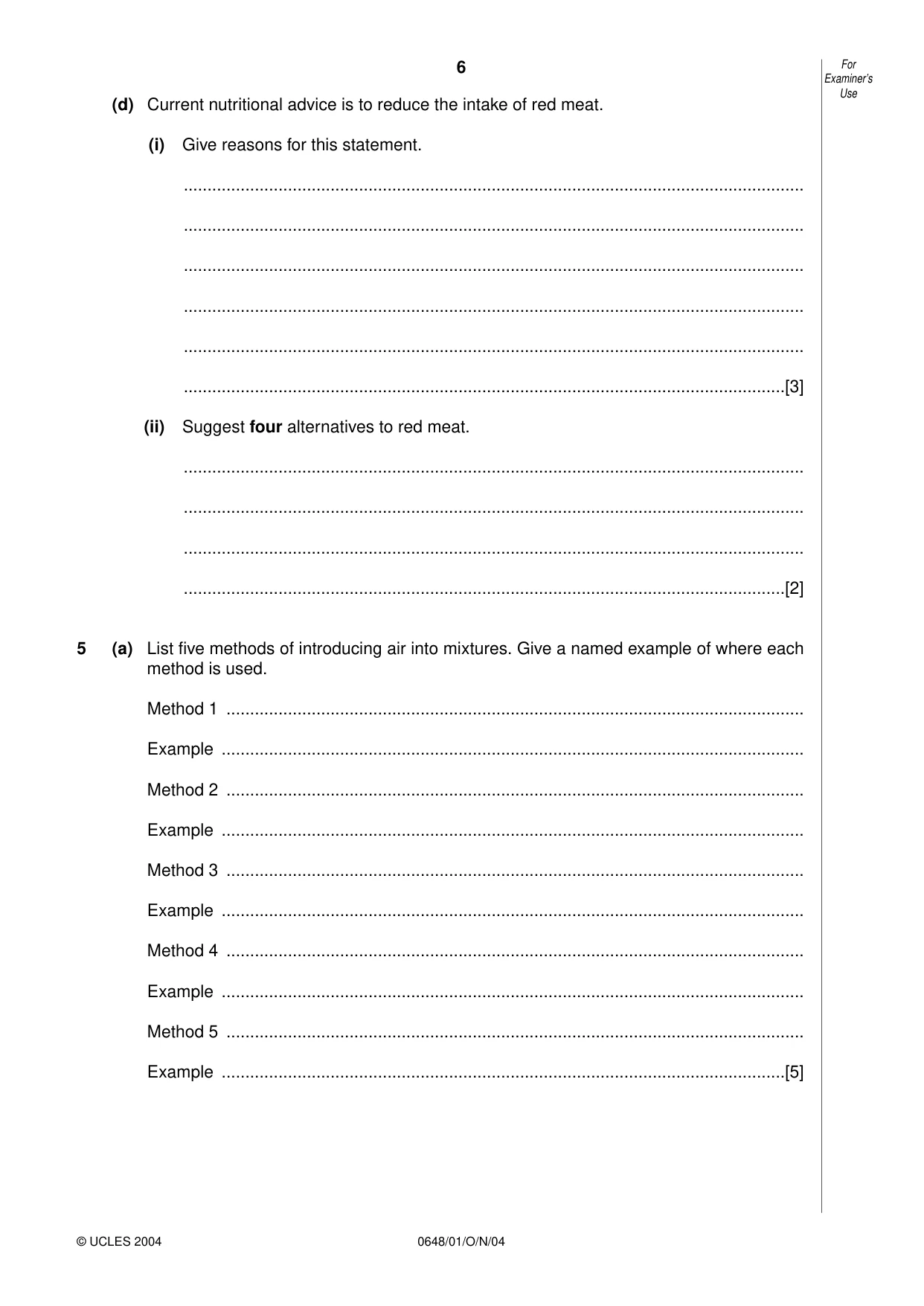 Cambridge IGCSE Food and Nutrition 0648 2004 Oct/Nov Paper 1 · Variant 1 question paper, page 6 of 12