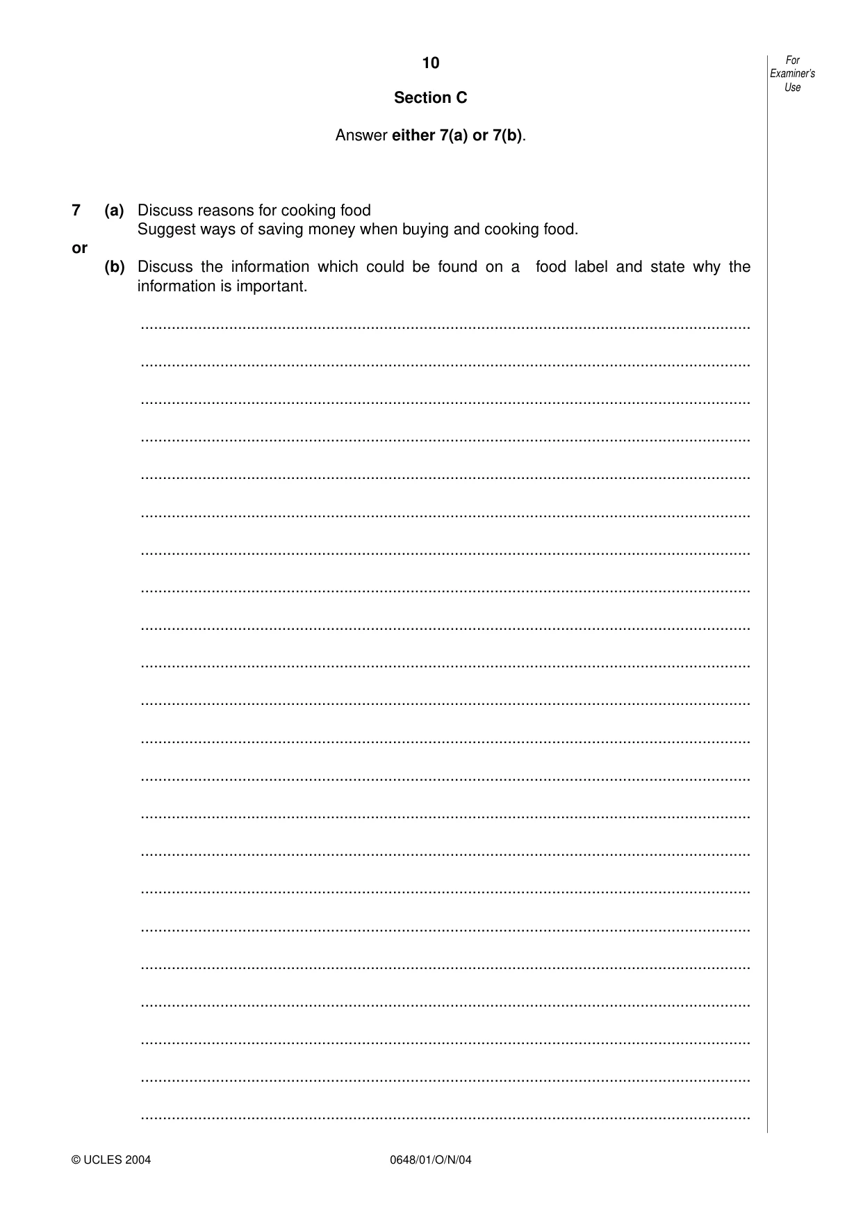 Cambridge IGCSE Food and Nutrition 0648 2004 Oct/Nov Paper 1 · Variant 1 question paper, page 10 of 12
