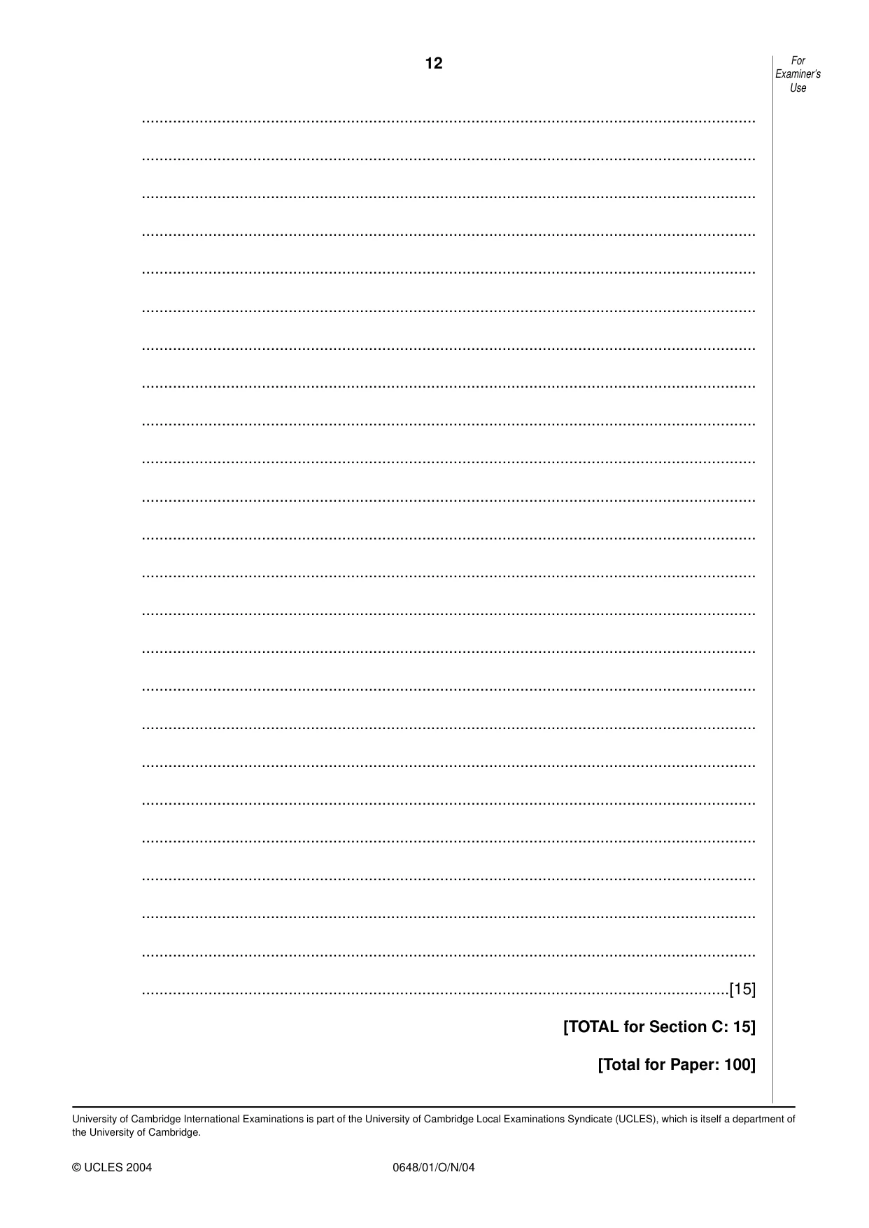 Cambridge IGCSE Food and Nutrition 0648 2004 Oct/Nov Paper 1 · Variant 1 question paper, page 12 of 12