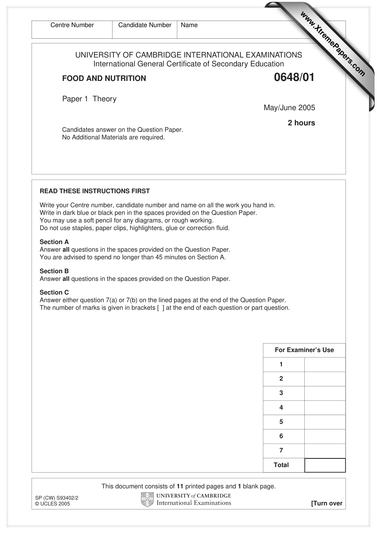 Cambridge IGCSE Food and Nutrition 0648 2005 May/June Paper 1 · Variant 1 question paper, page 1 of 12