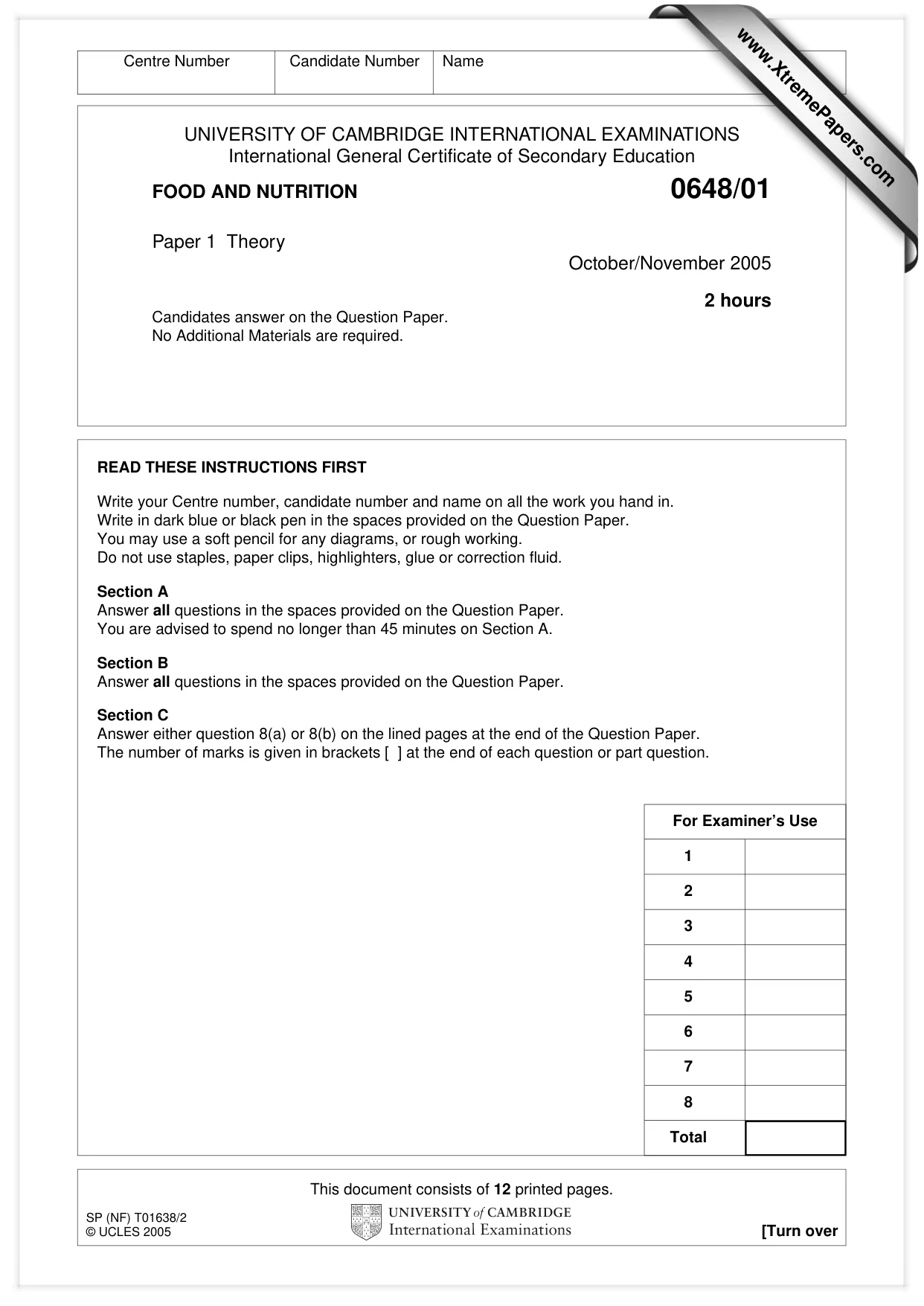 Cambridge IGCSE Food and Nutrition 0648 2005 Oct/Nov Paper 1 · Variant 1 question paper, page 1 of 12